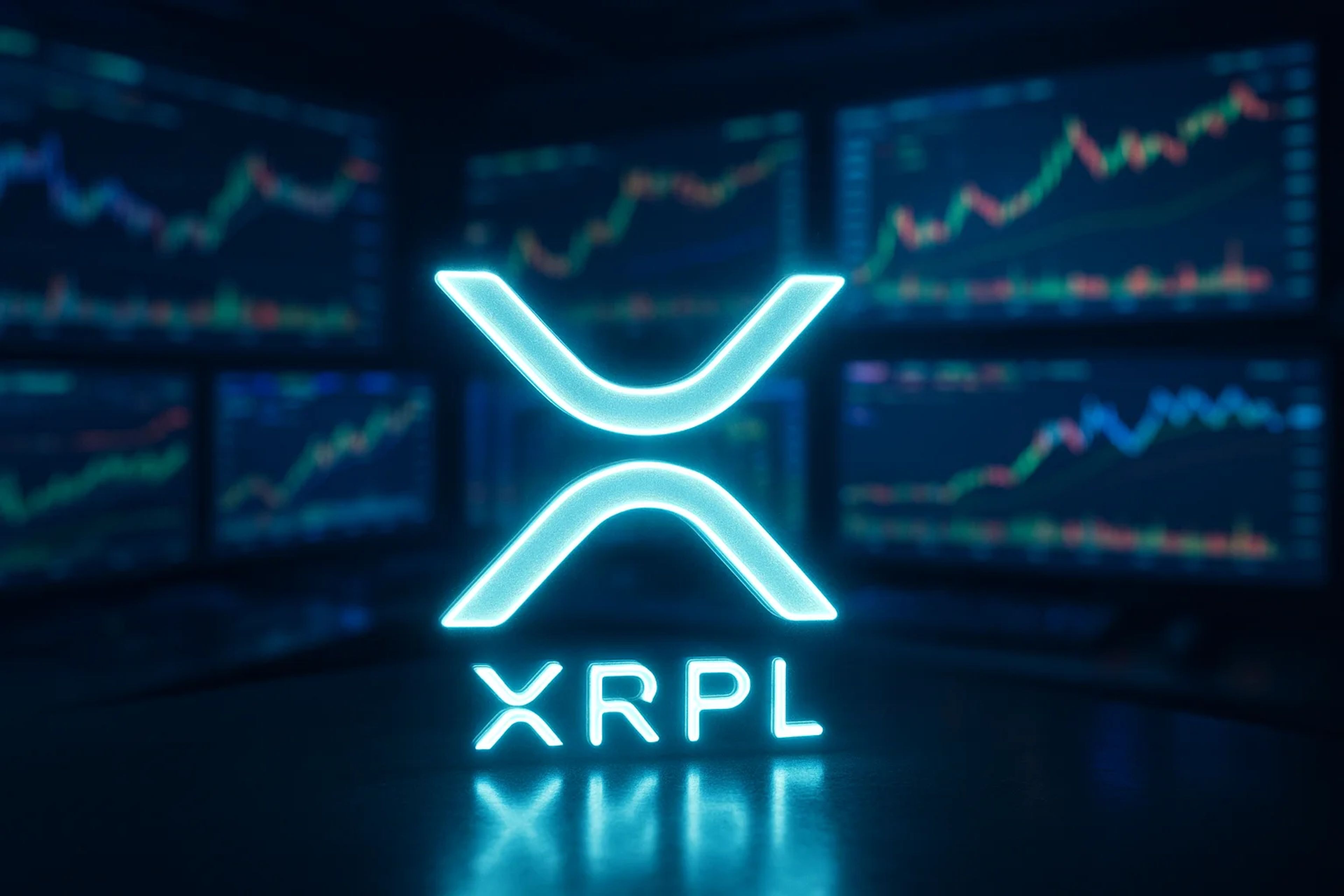 Glowing blue XRPL logo in front of trading screens