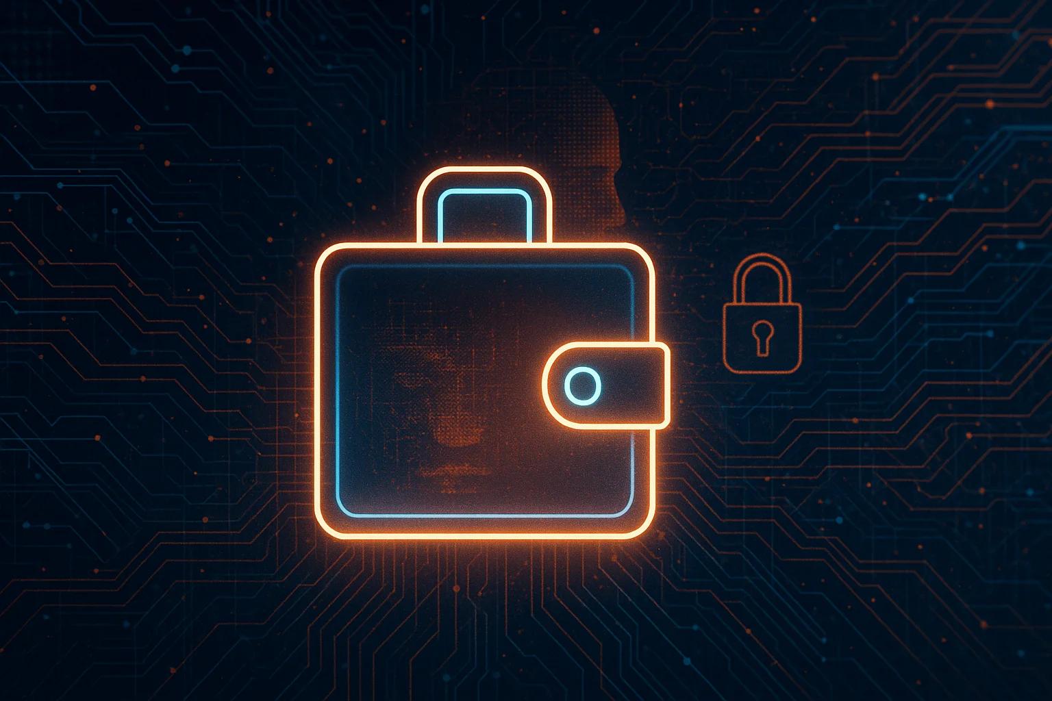Glowing digital wallet icon with a lock symbol
