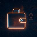 Glowing digital wallet icon with a lock symbol