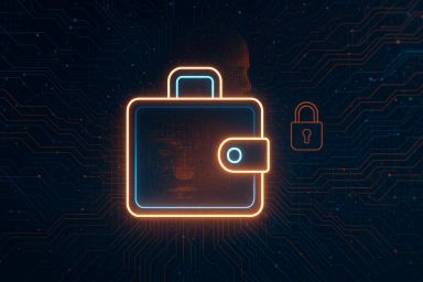 Glowing digital wallet icon with a lock symbol