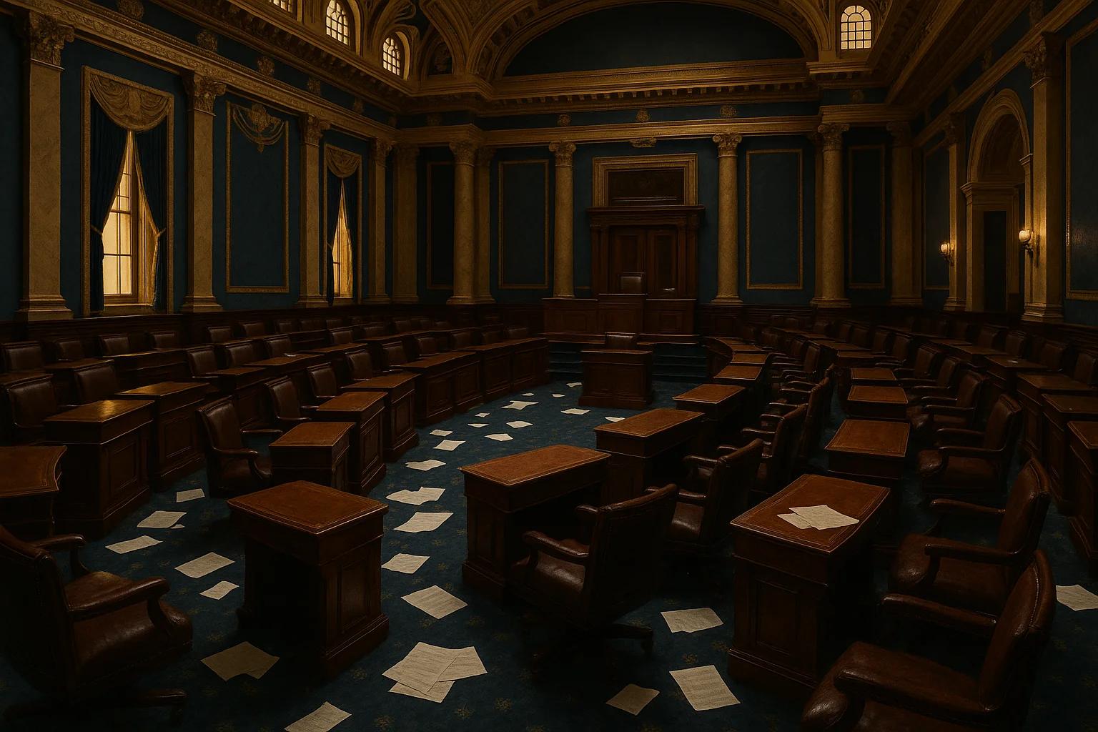 Empty legislative chamber with wooden desks and