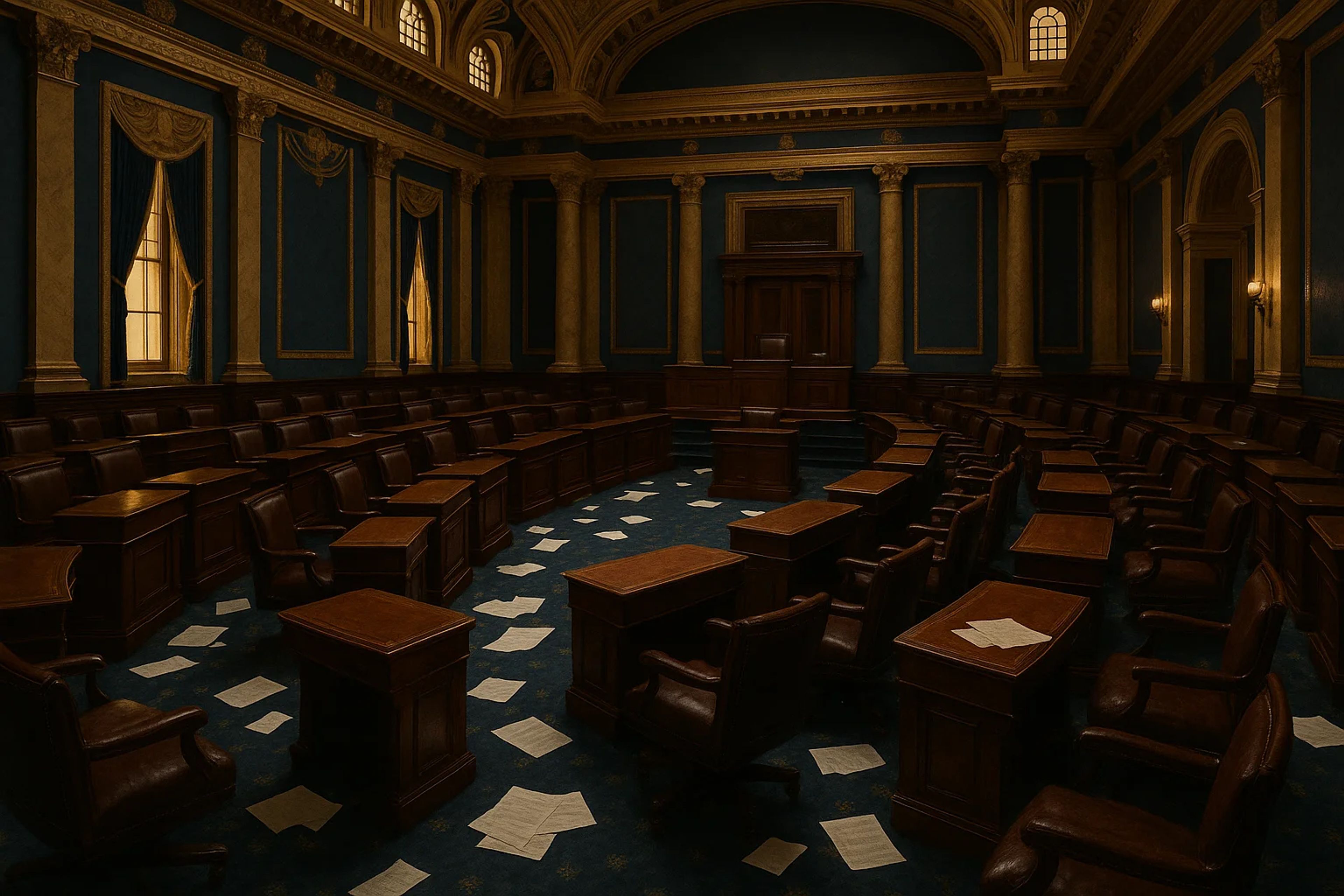 Empty legislative chamber with wooden desks and