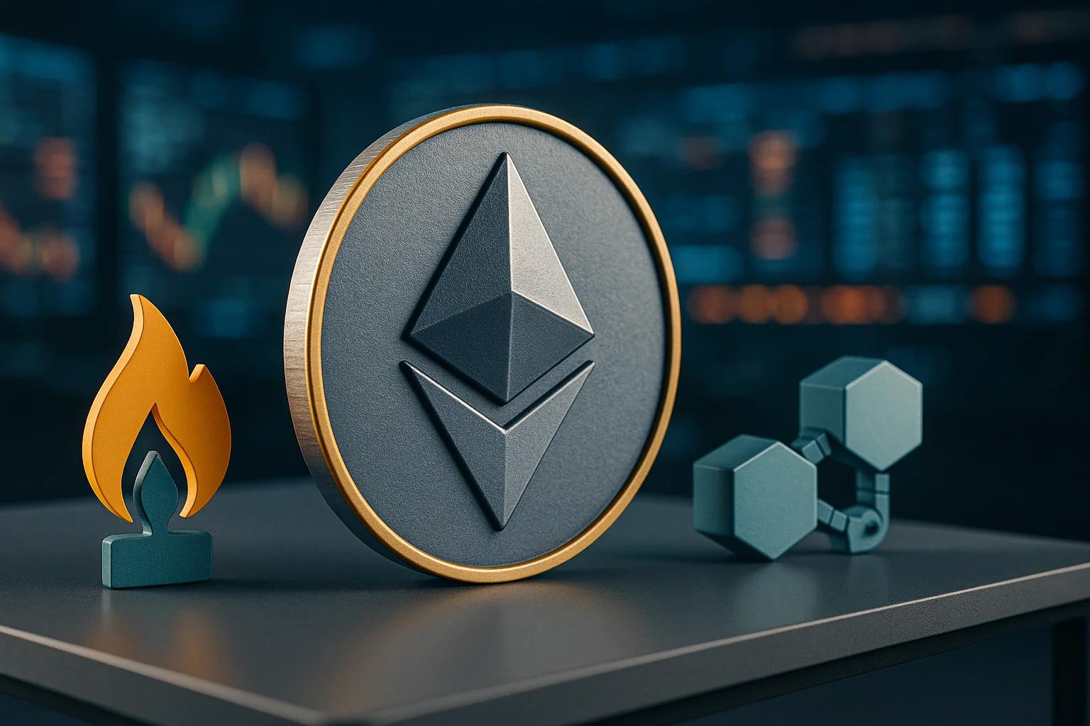 3D representations of Ethereum logo, flame, and