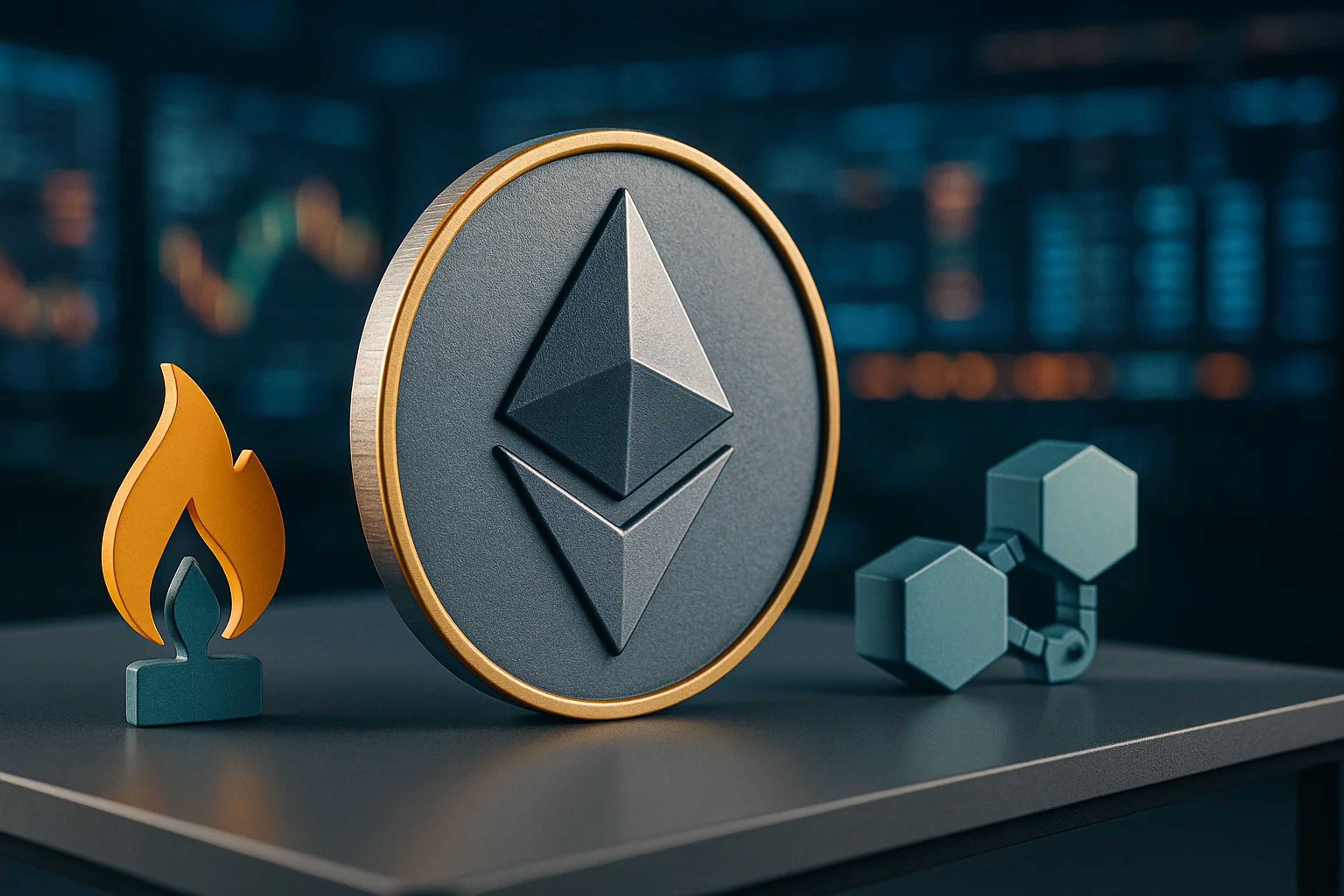 3D representations of Ethereum logo, flame, and