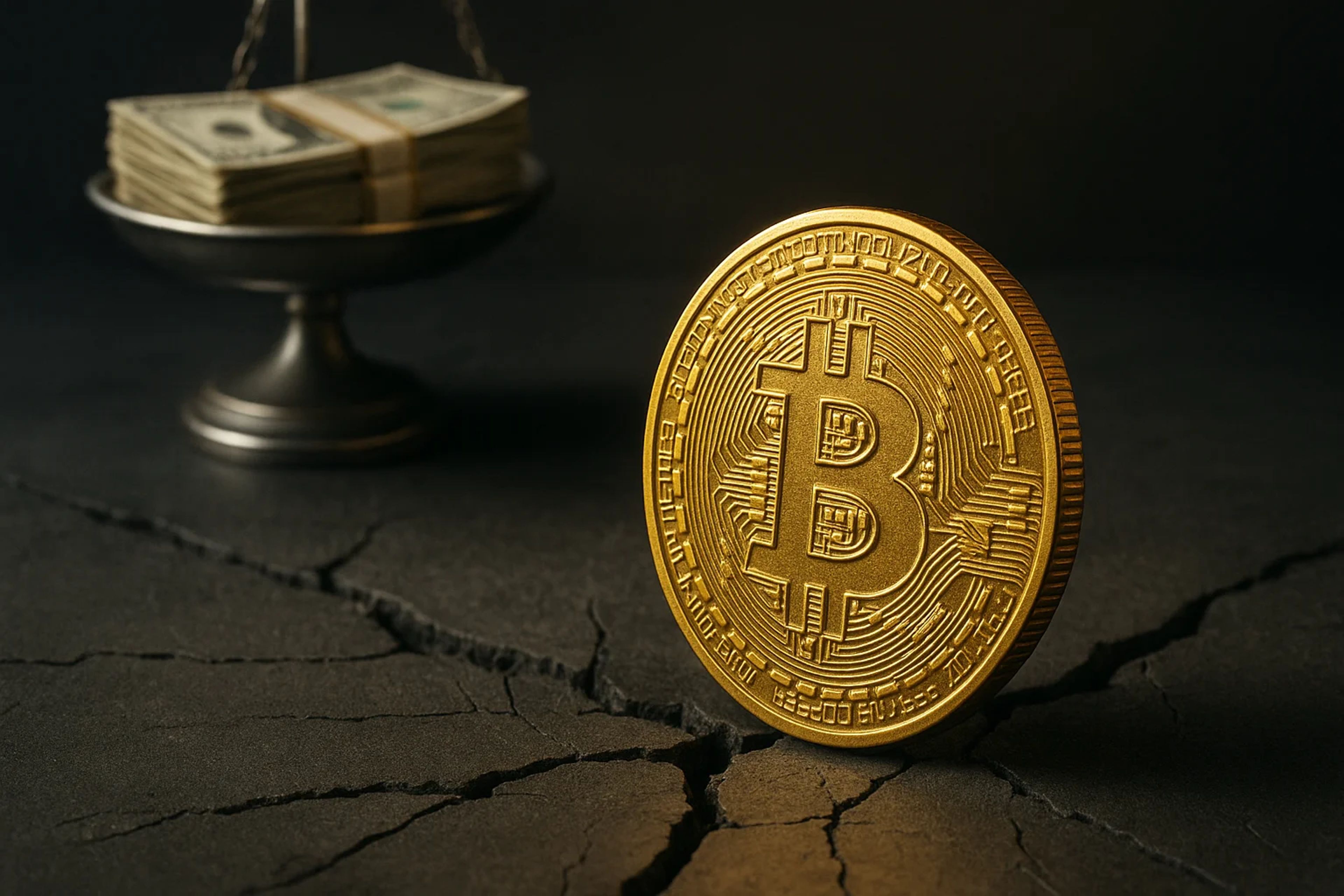 A gold Bitcoin coin in front of a scale with cash