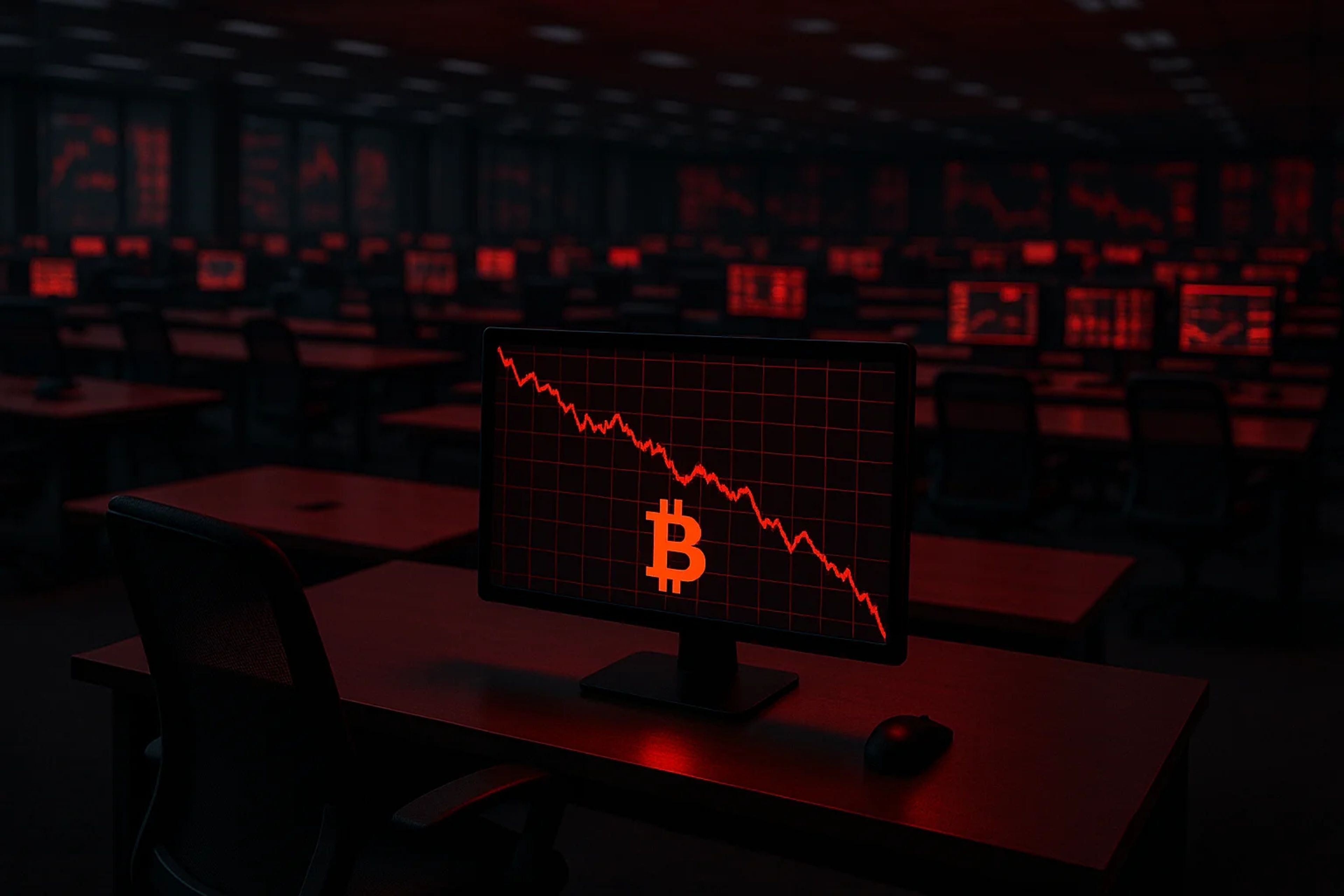 Dimly lit trading room with red lighting and