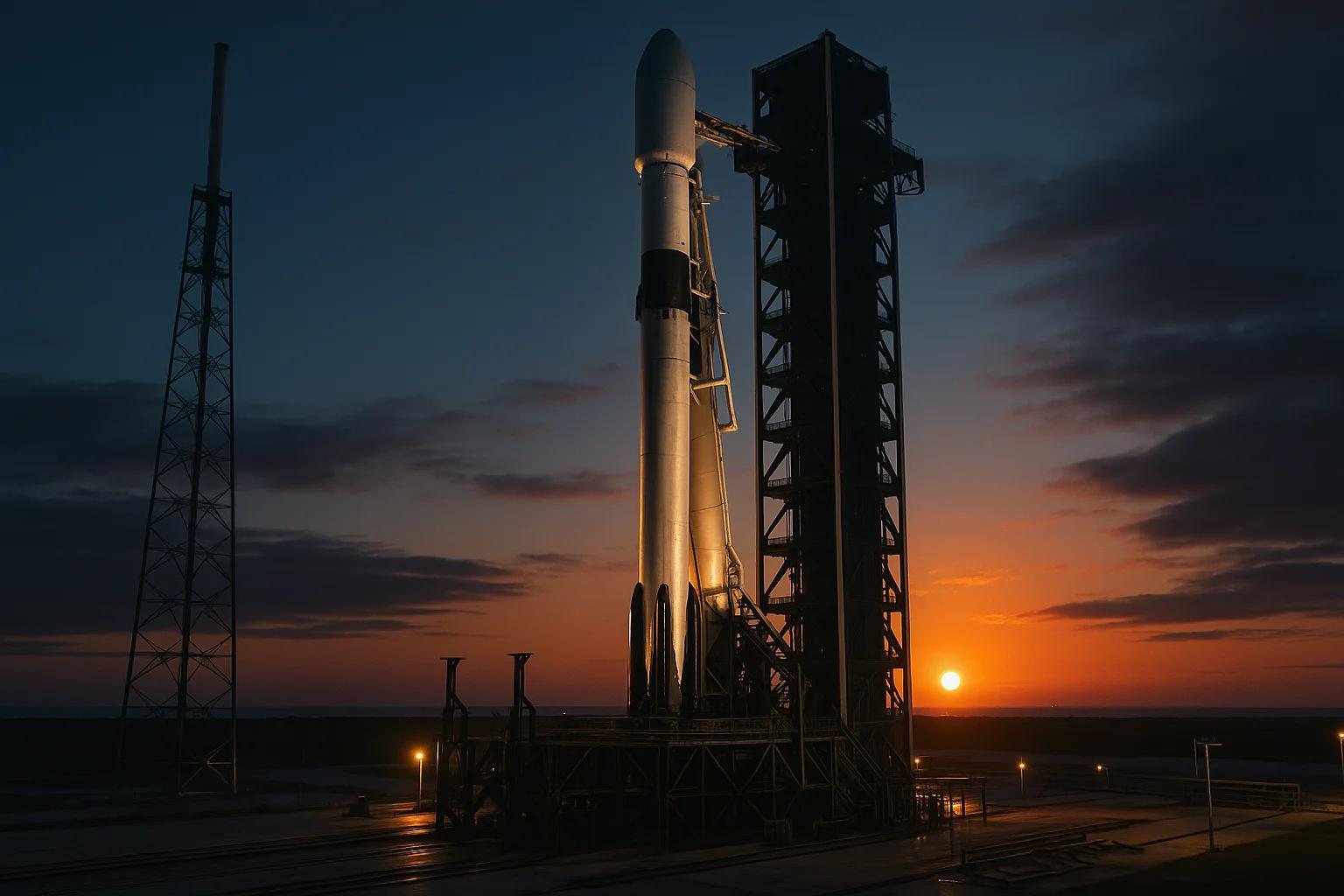Rocket on launch pad at sunset with clouds