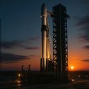 Rocket on launch pad at sunset with clouds