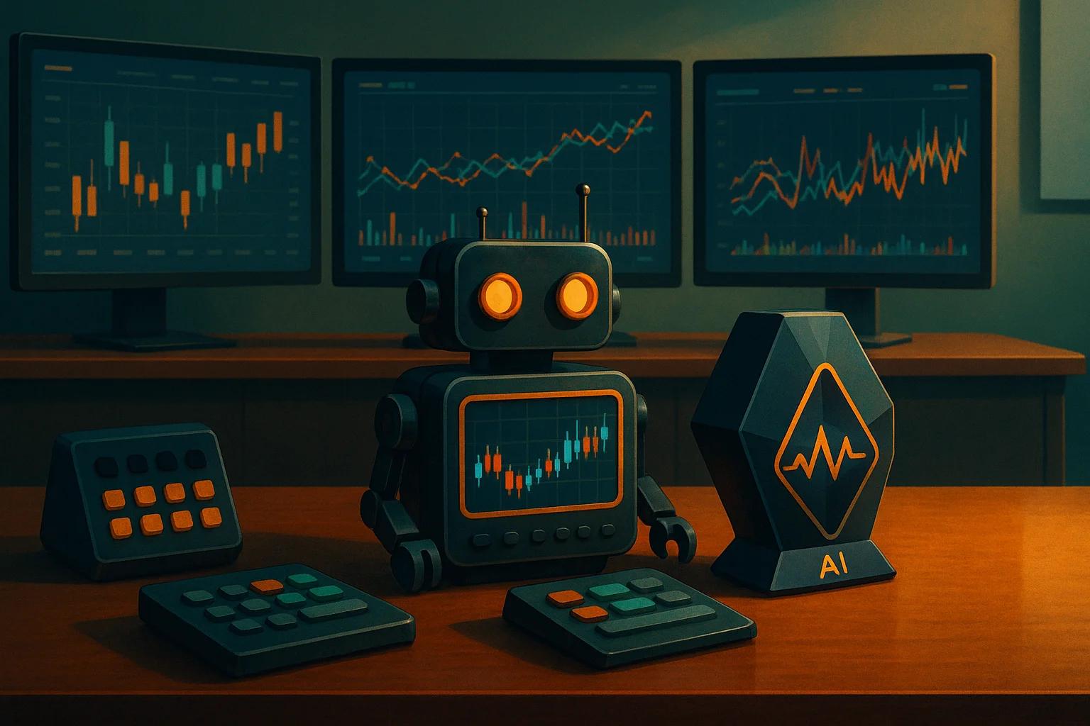 A stylized robot with glowing eyes sits on a desk