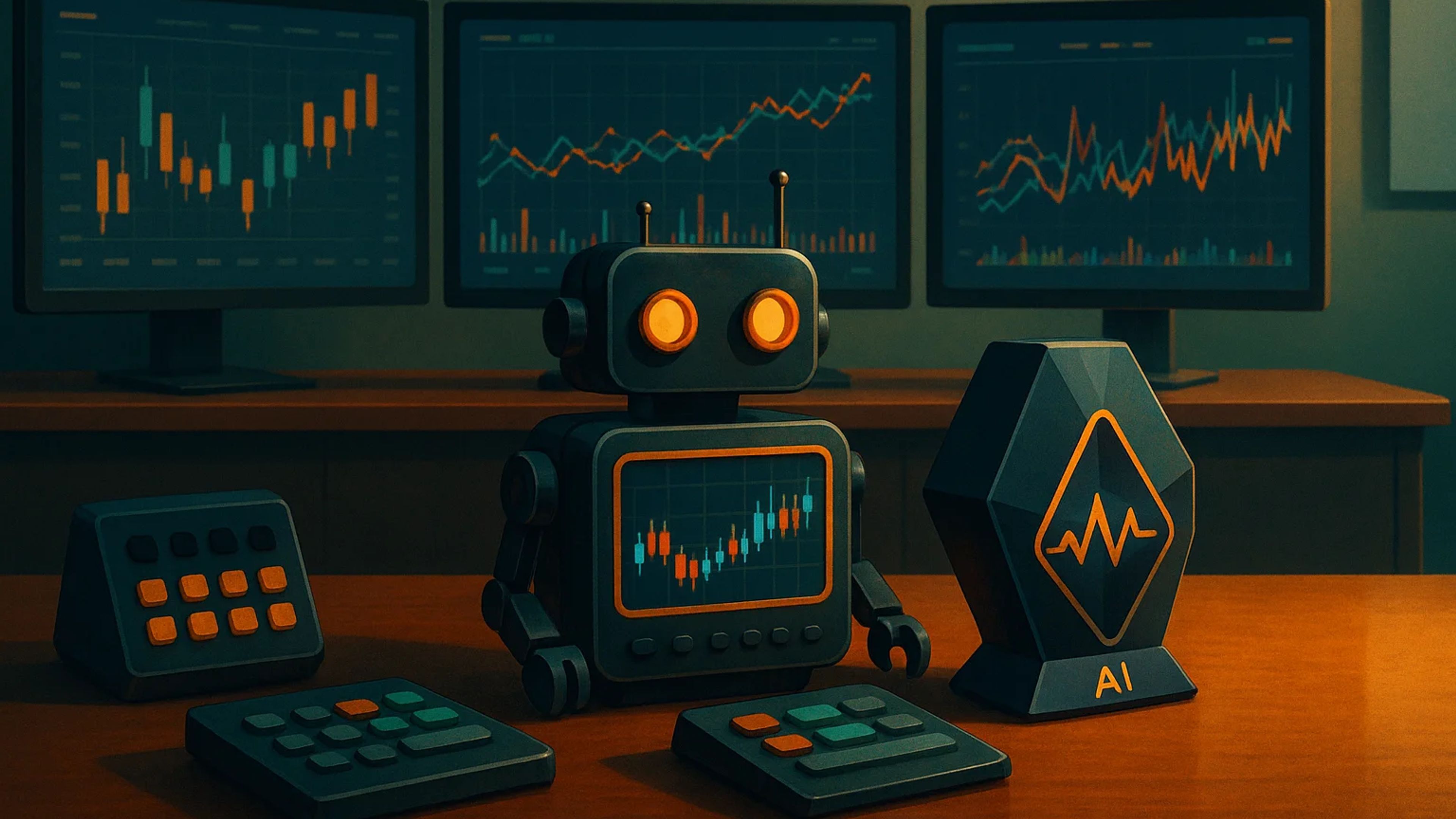 A stylized robot with glowing eyes sits on a desk