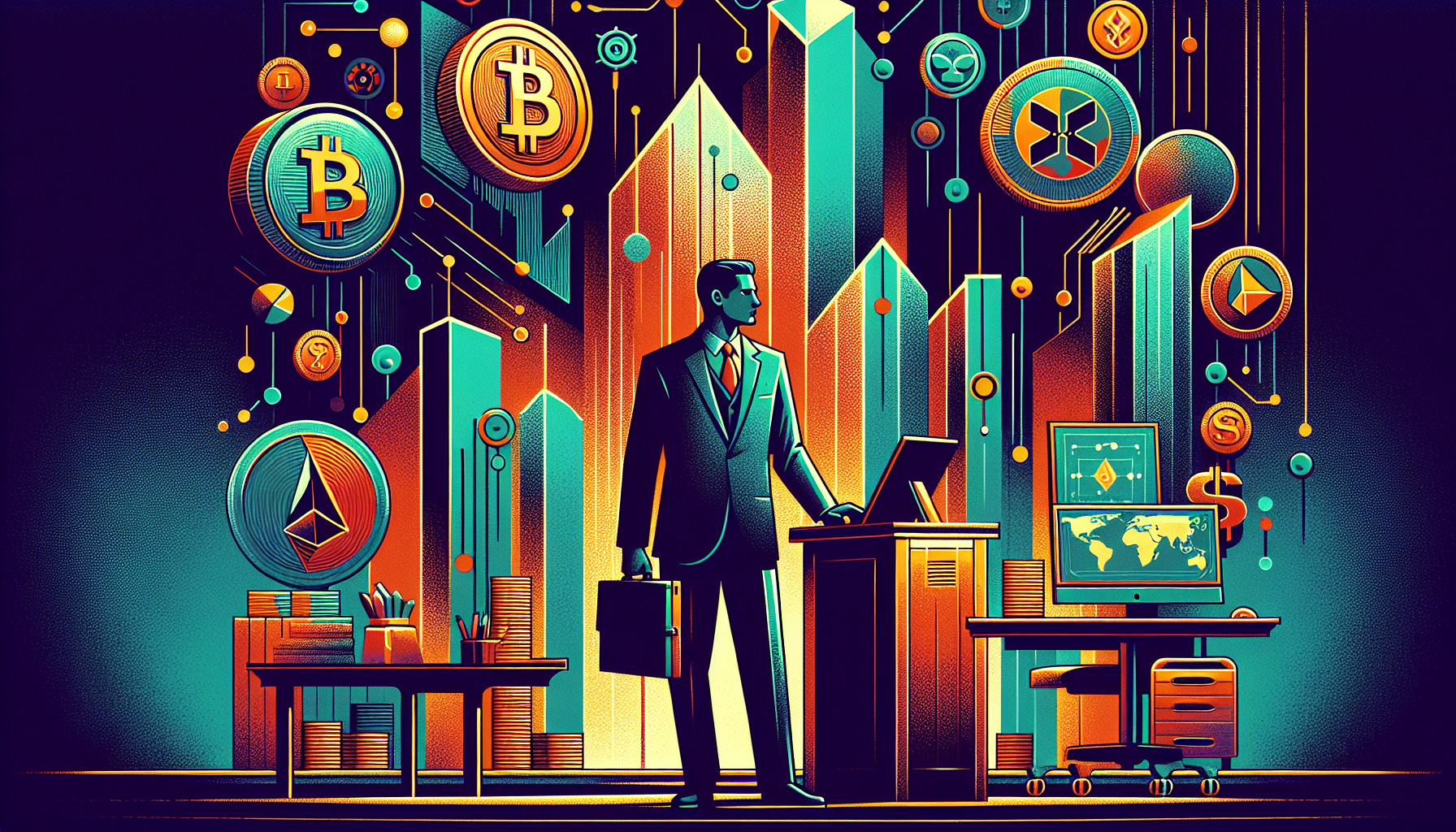 A businessman stands at a desk with a laptop