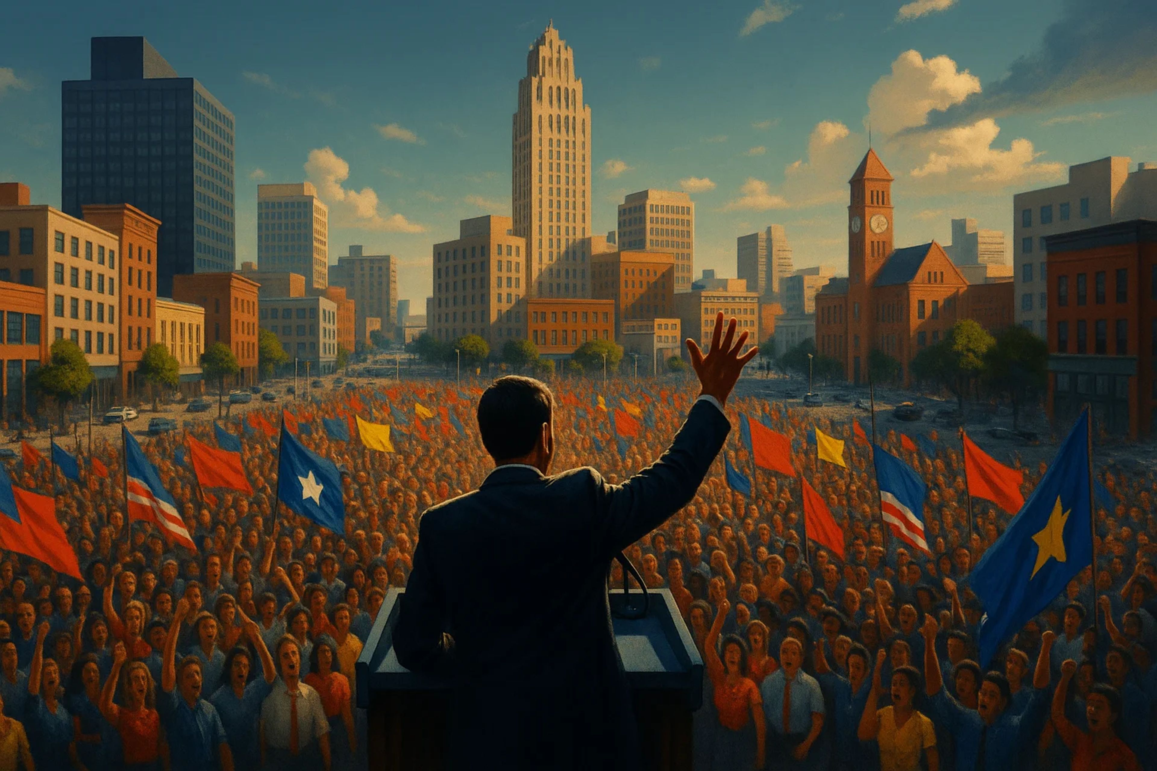 A crowd of people with flags in a city square