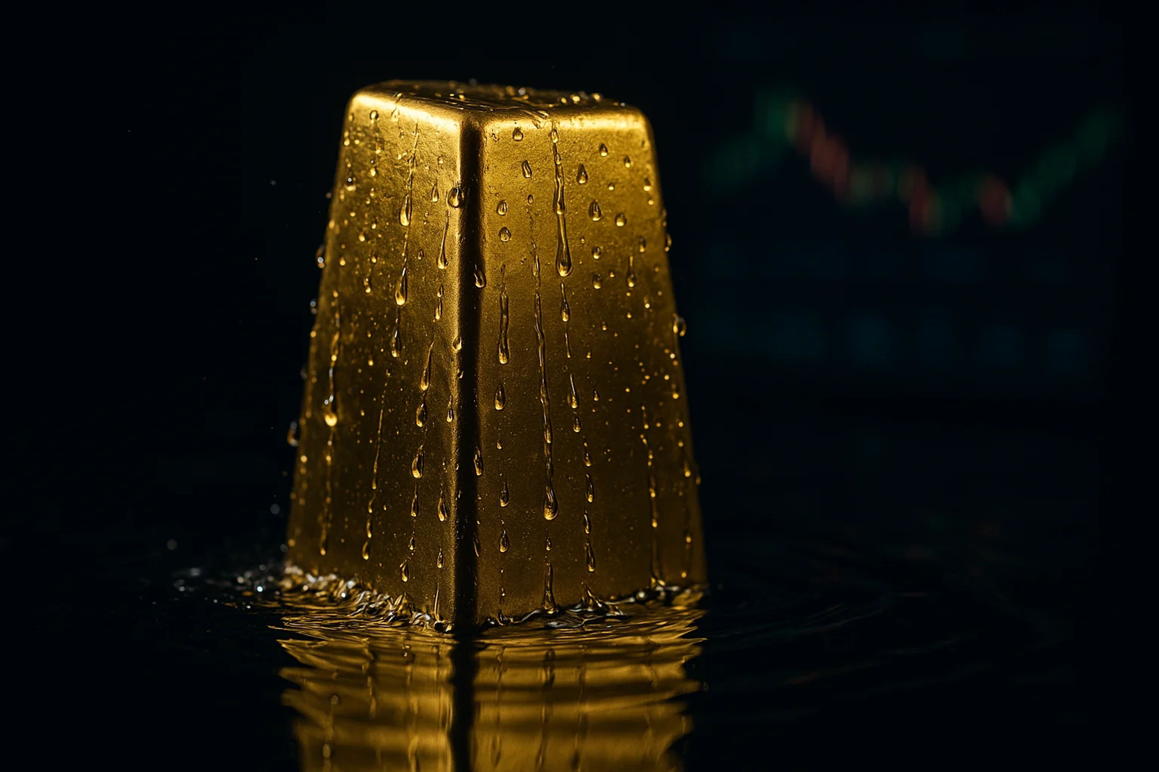 A gold bar with water droplets on its surface