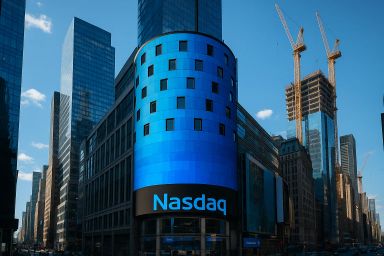 Modern buildings with a large blue digital display