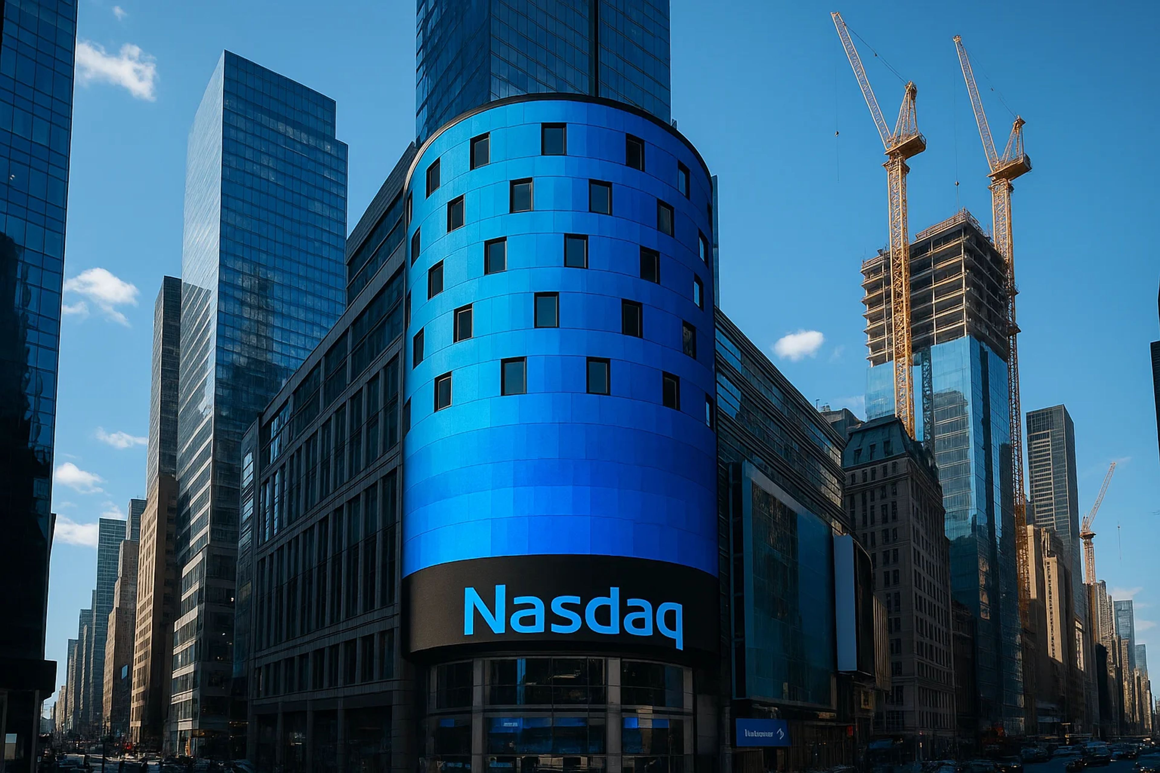 Modern buildings with a large blue digital display