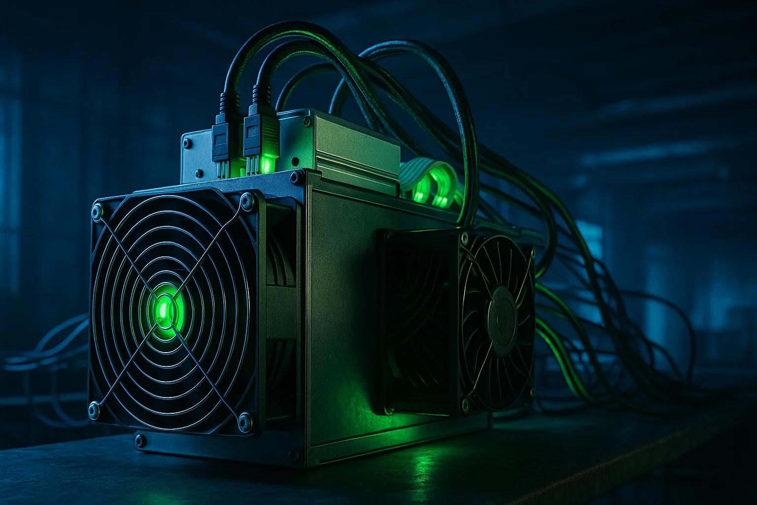A dark room with a green-lit mining rig, cables