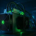 A dark room with a green-lit mining rig, cables
