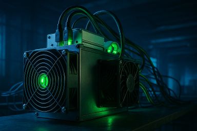 A dark room with a green-lit mining rig, cables