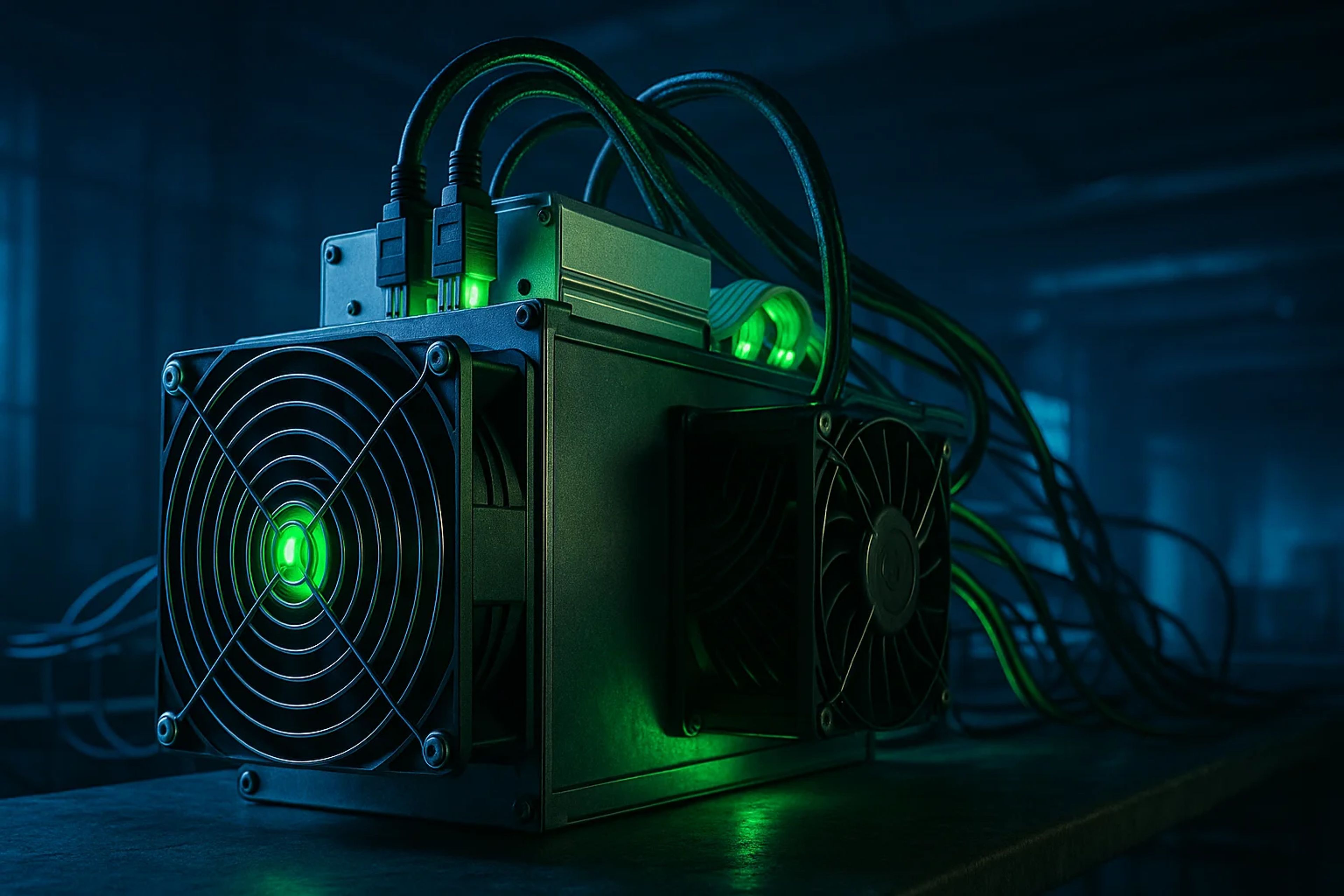 A dark room with a green-lit mining rig, cables