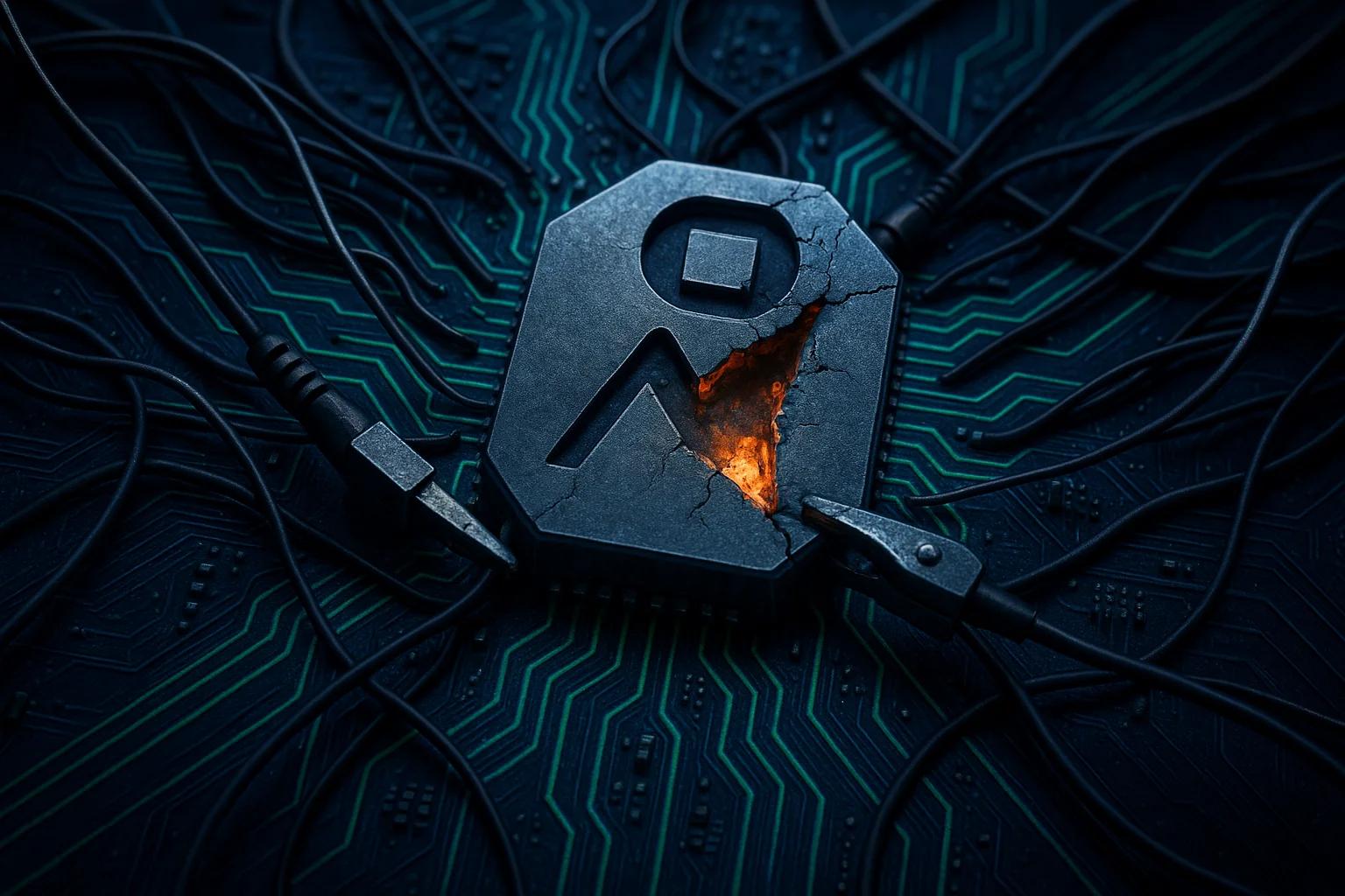 A cracked metallic object on a circuit board