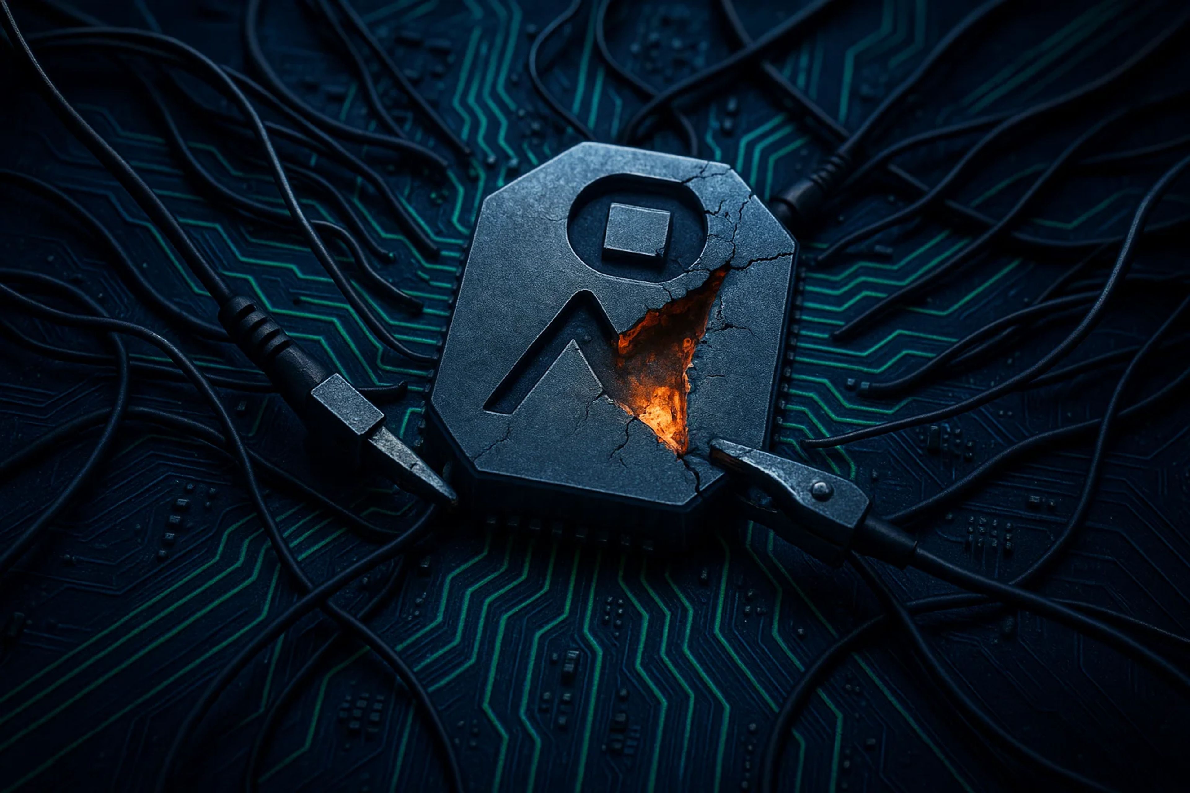 A cracked metallic object on a circuit board