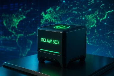 A sleek black device with green lighting on a