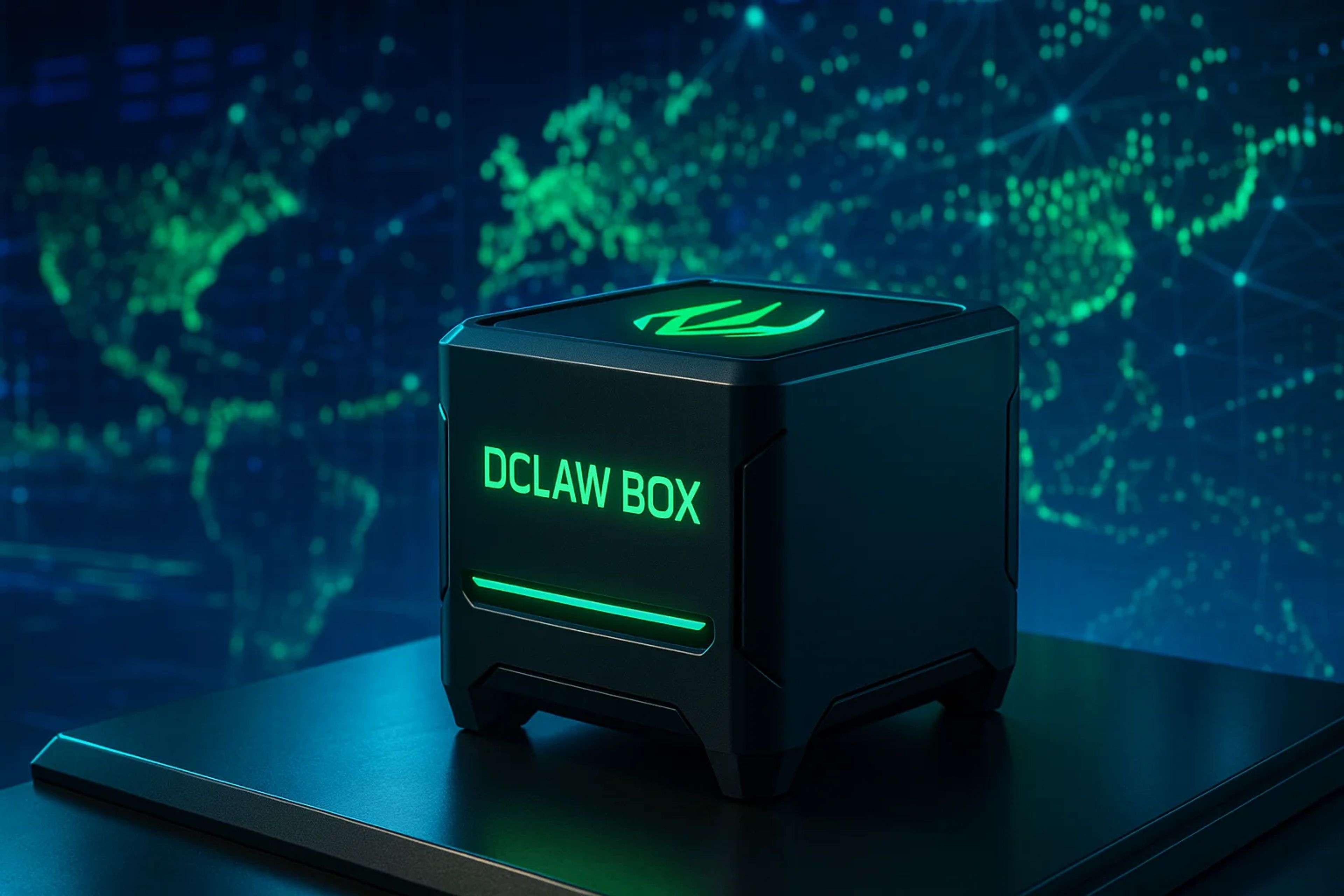 A sleek black device with green lighting on a