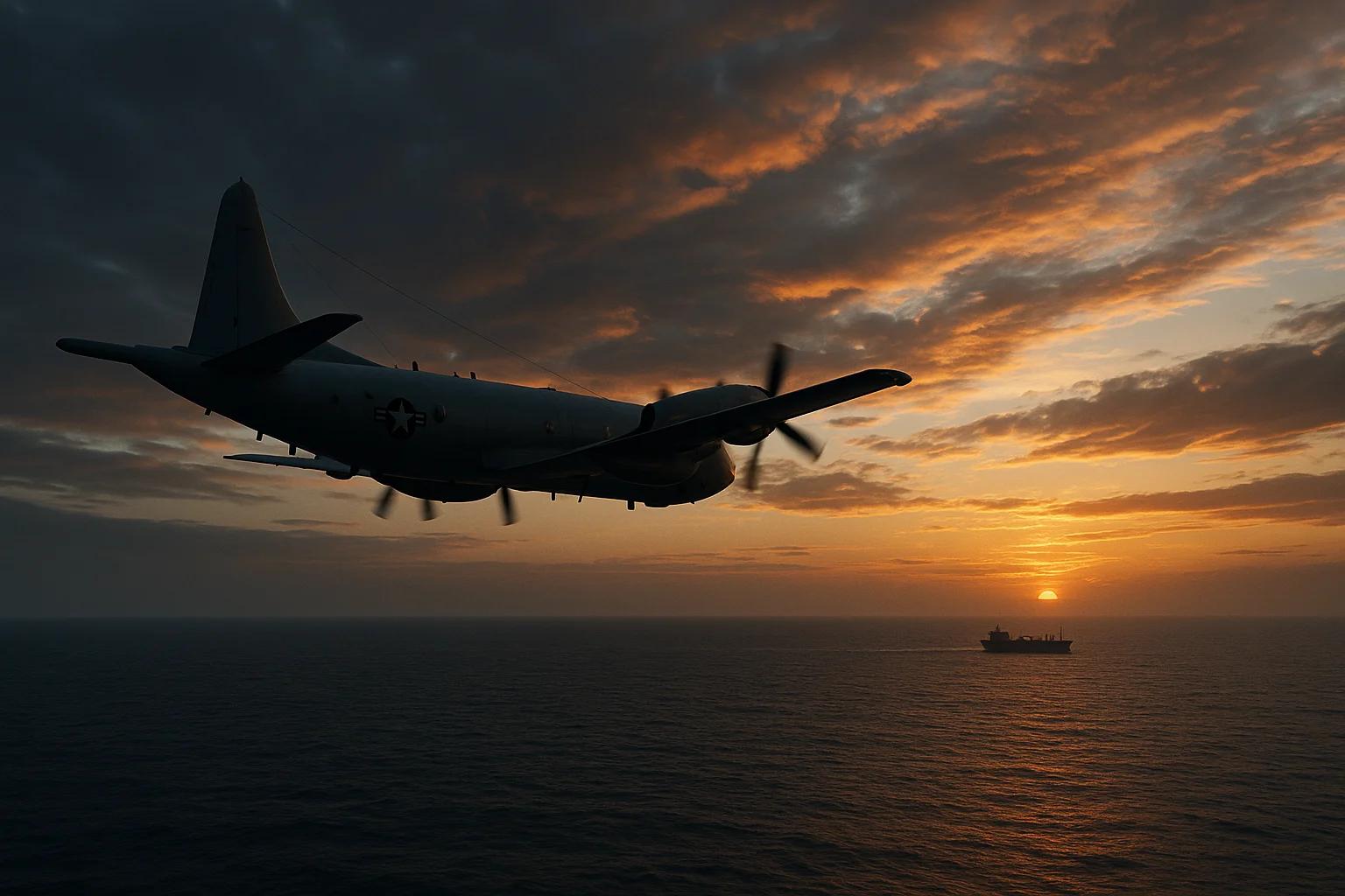 Aircraft flying over the ocean at sunset