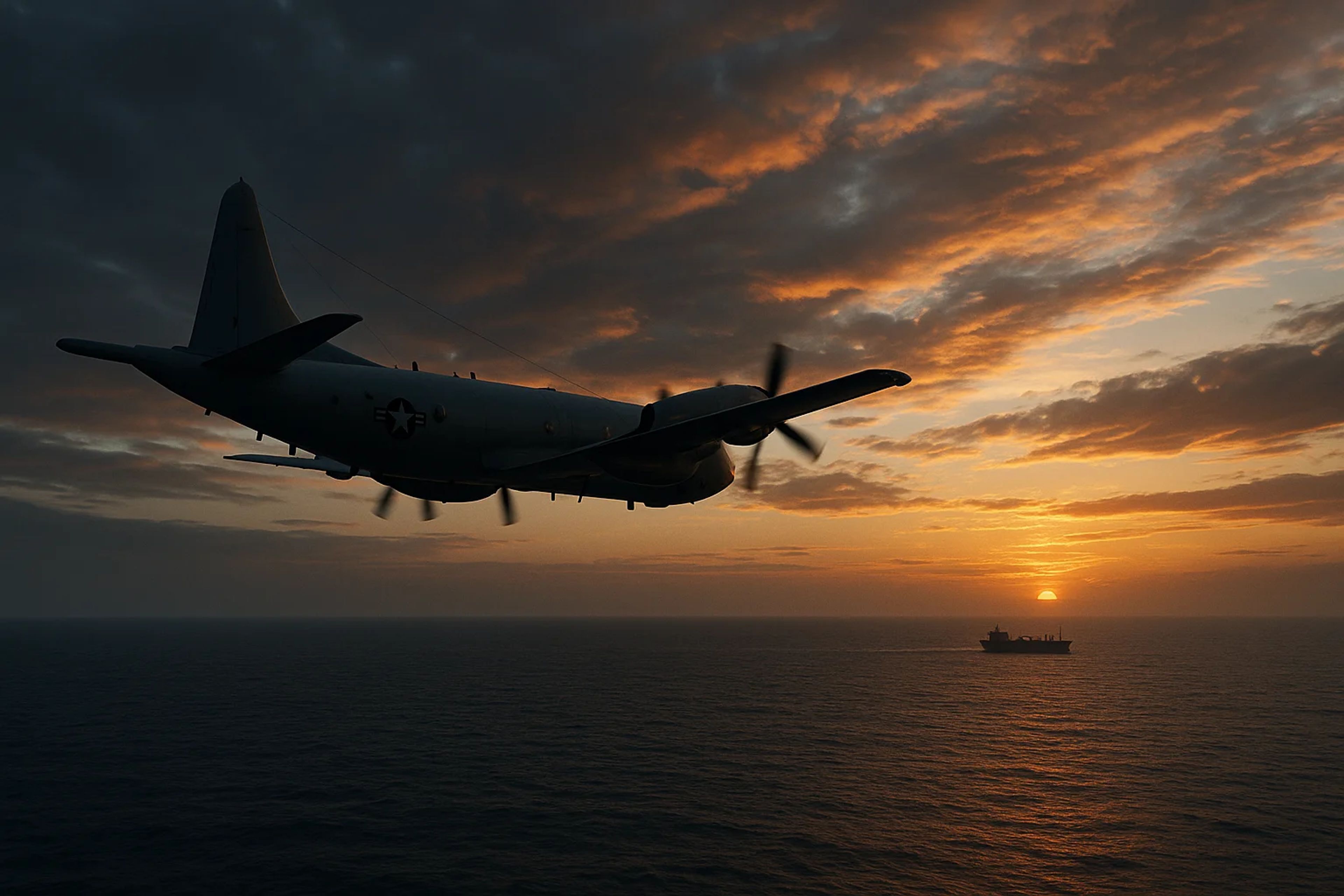 Aircraft flying over the ocean at sunset