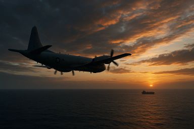 Aircraft flying over the ocean at sunset