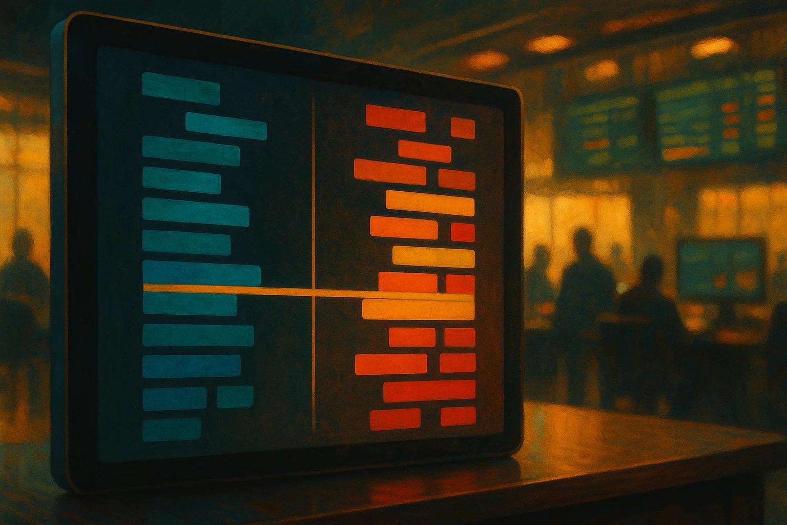 A digital display with blue and red bars, set