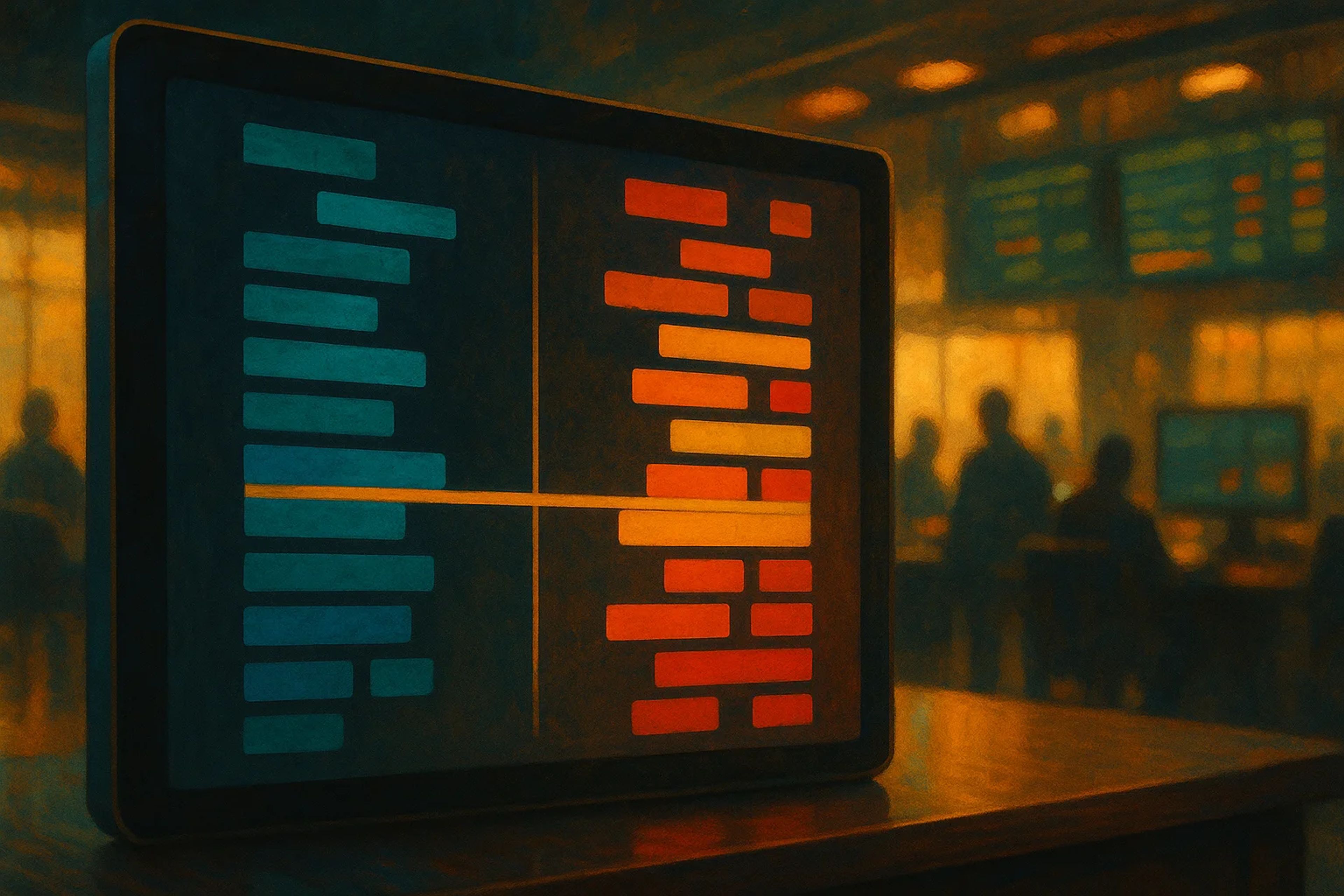 A digital display with blue and red bars, set