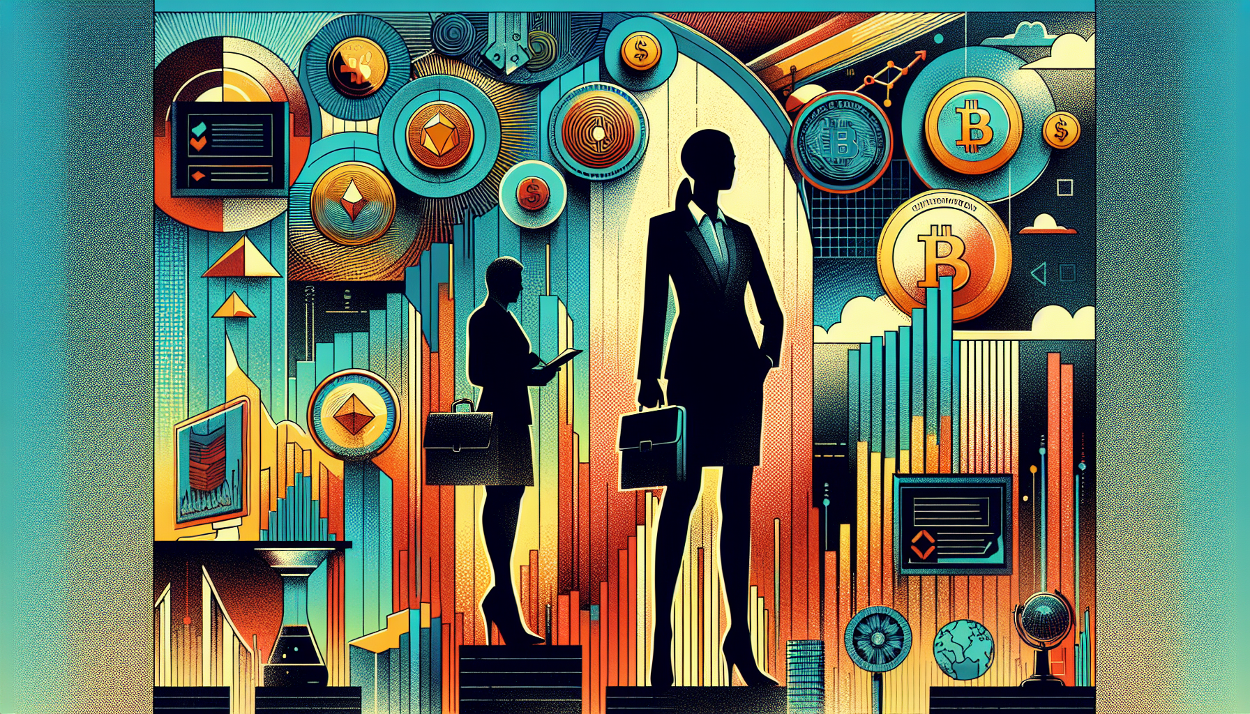 Silhouettes of two business figures against a