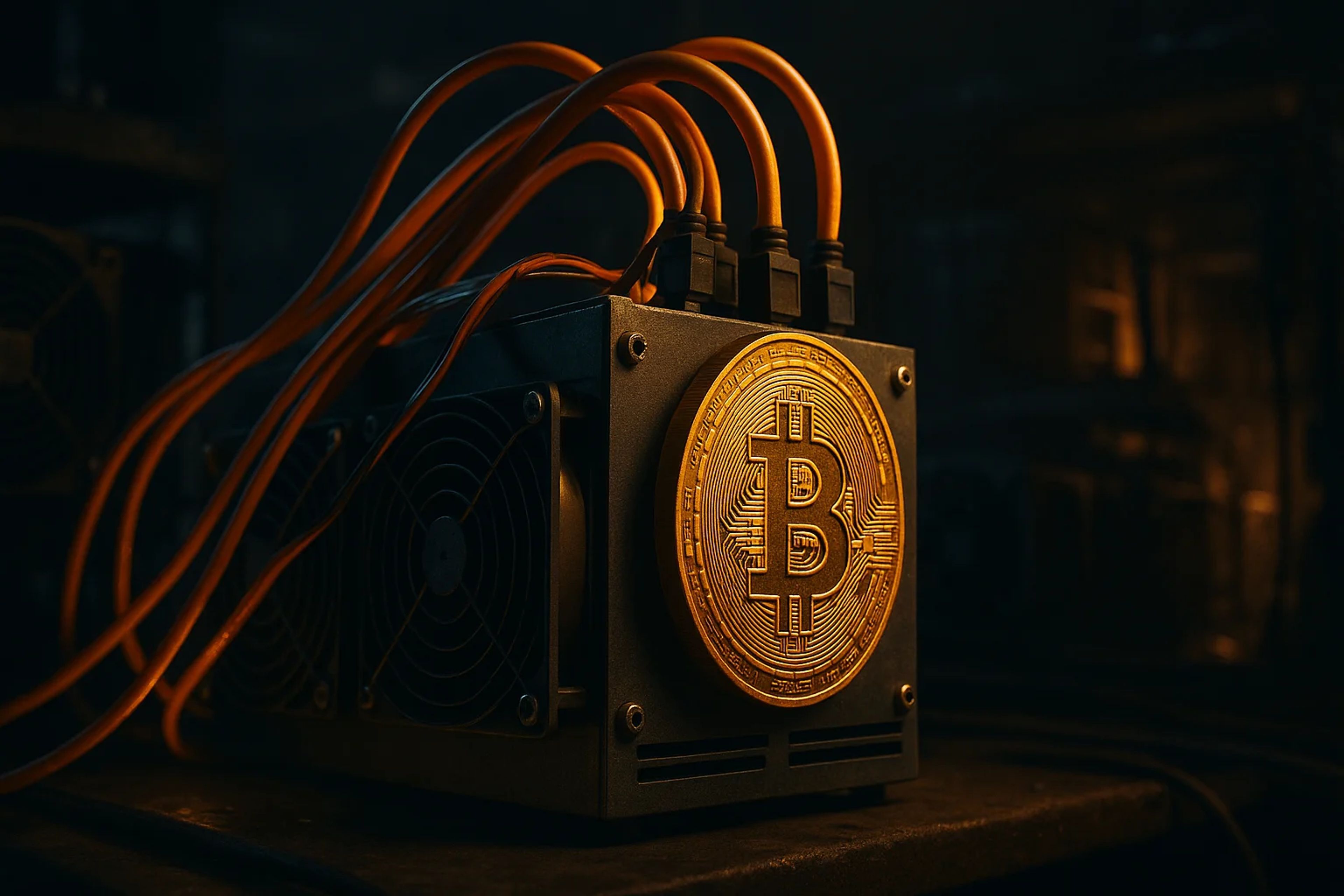 A Bitcoin mining machine with glowing logo and