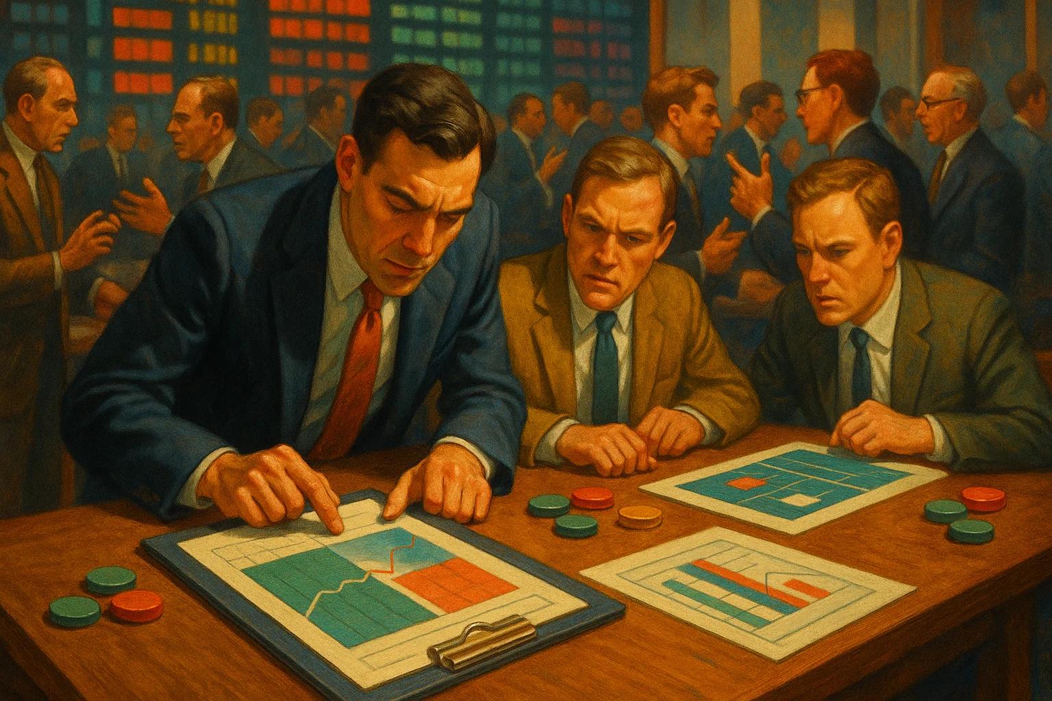 Three men in suits analyzing charts at a table