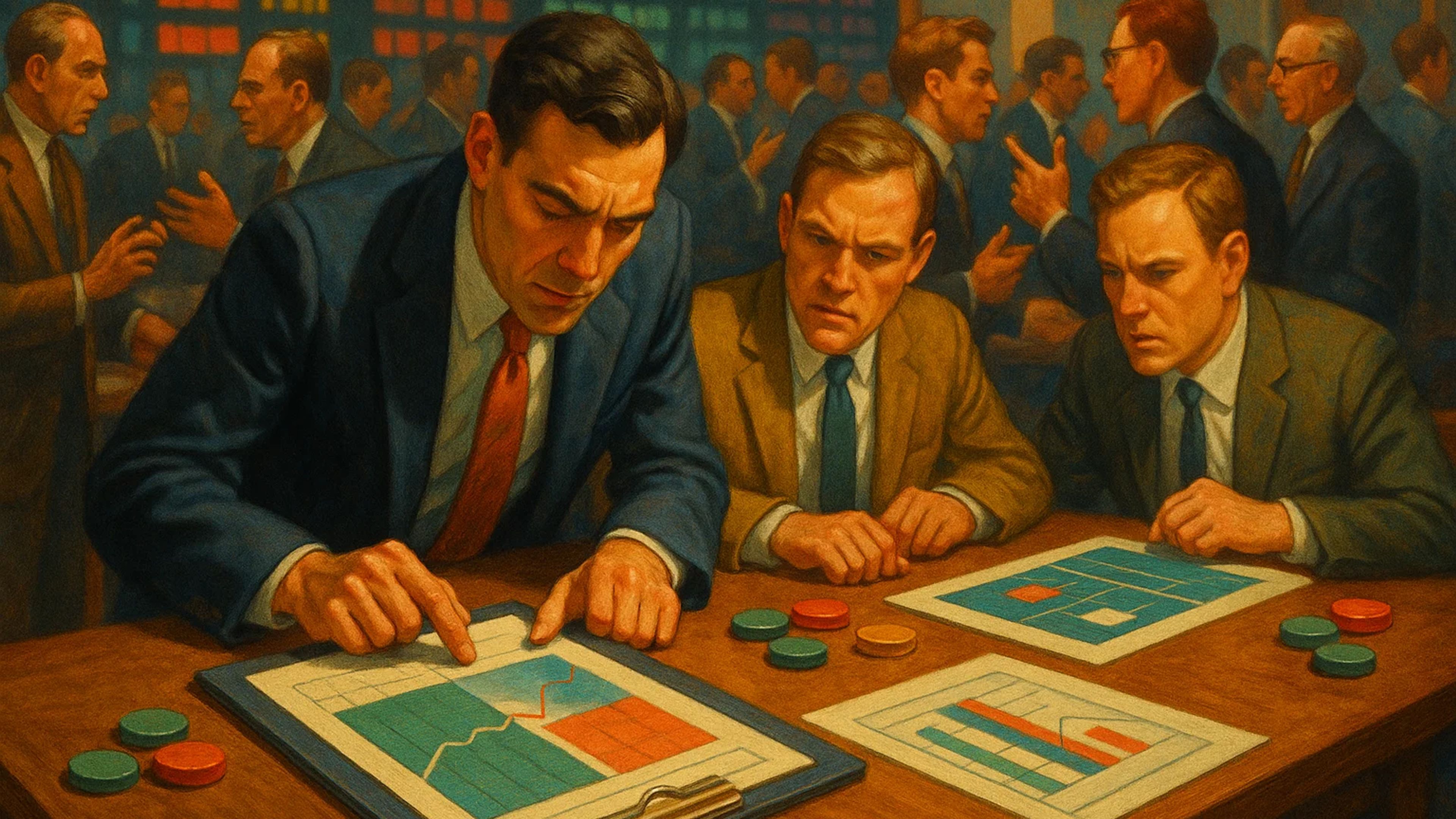 Three men in suits analyzing charts at a table
