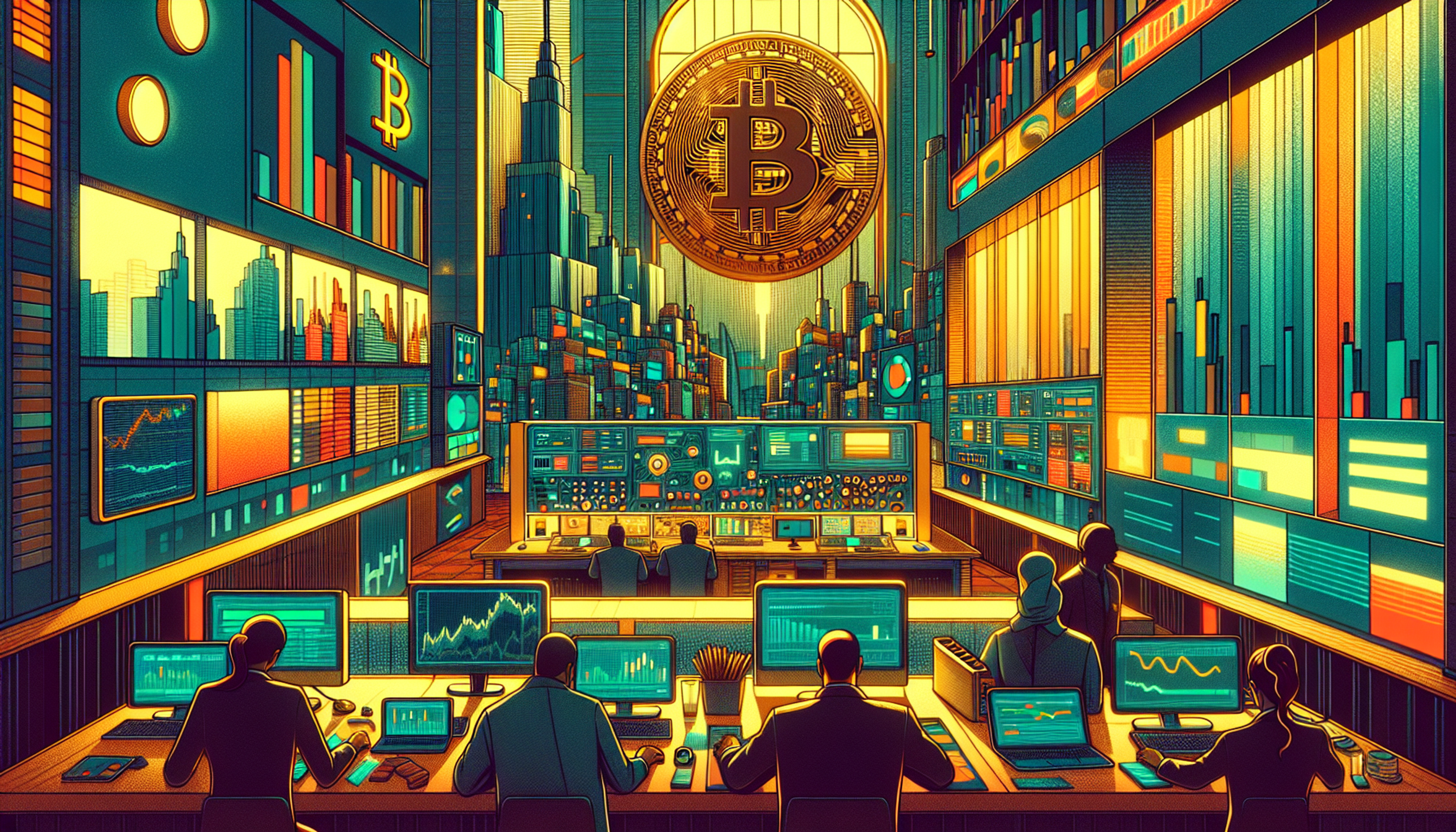 A futuristic trading room with large screens