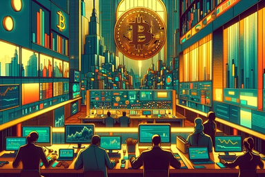 A futuristic trading room with large screens