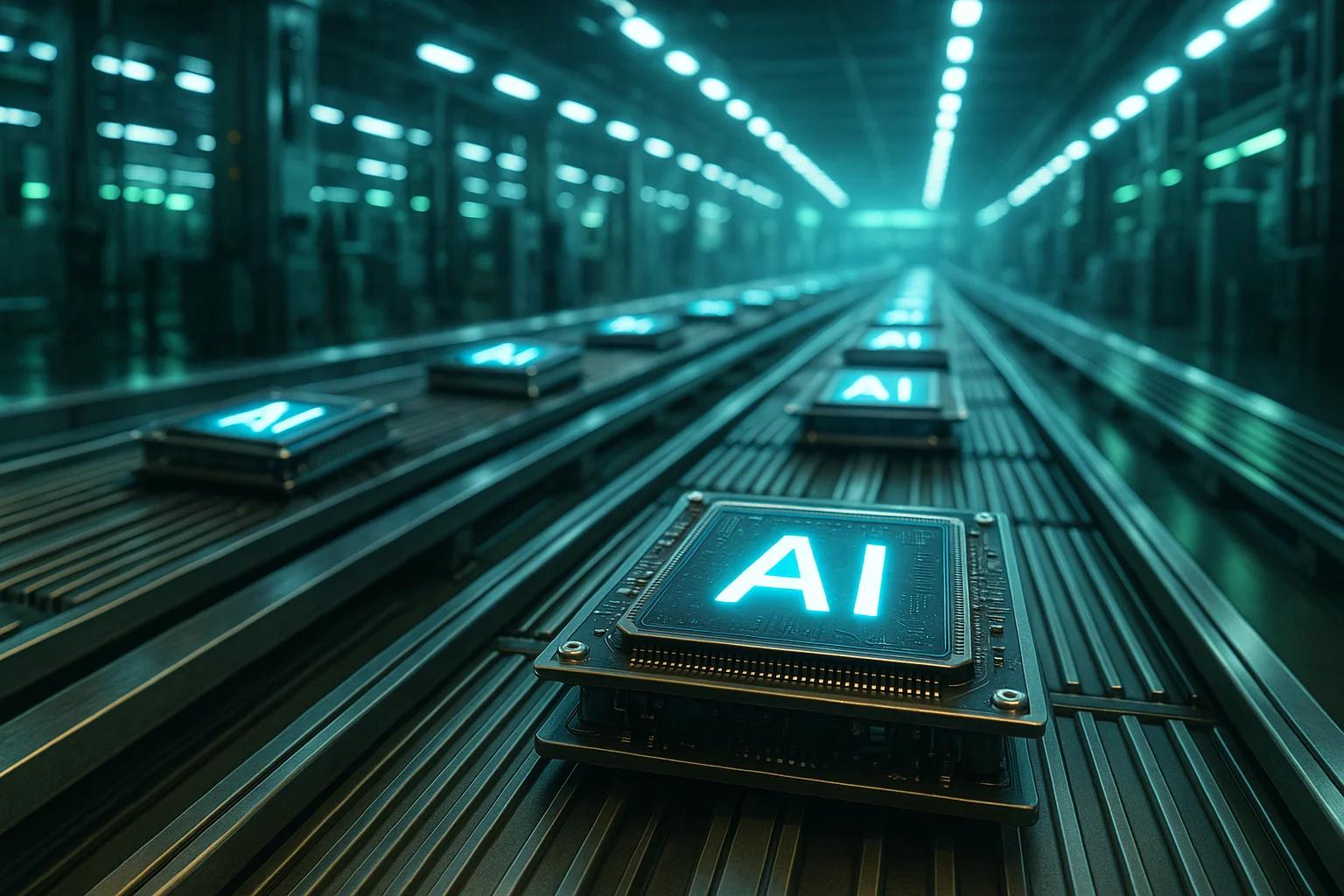Rows of computer chips with glowing 'AI' labels