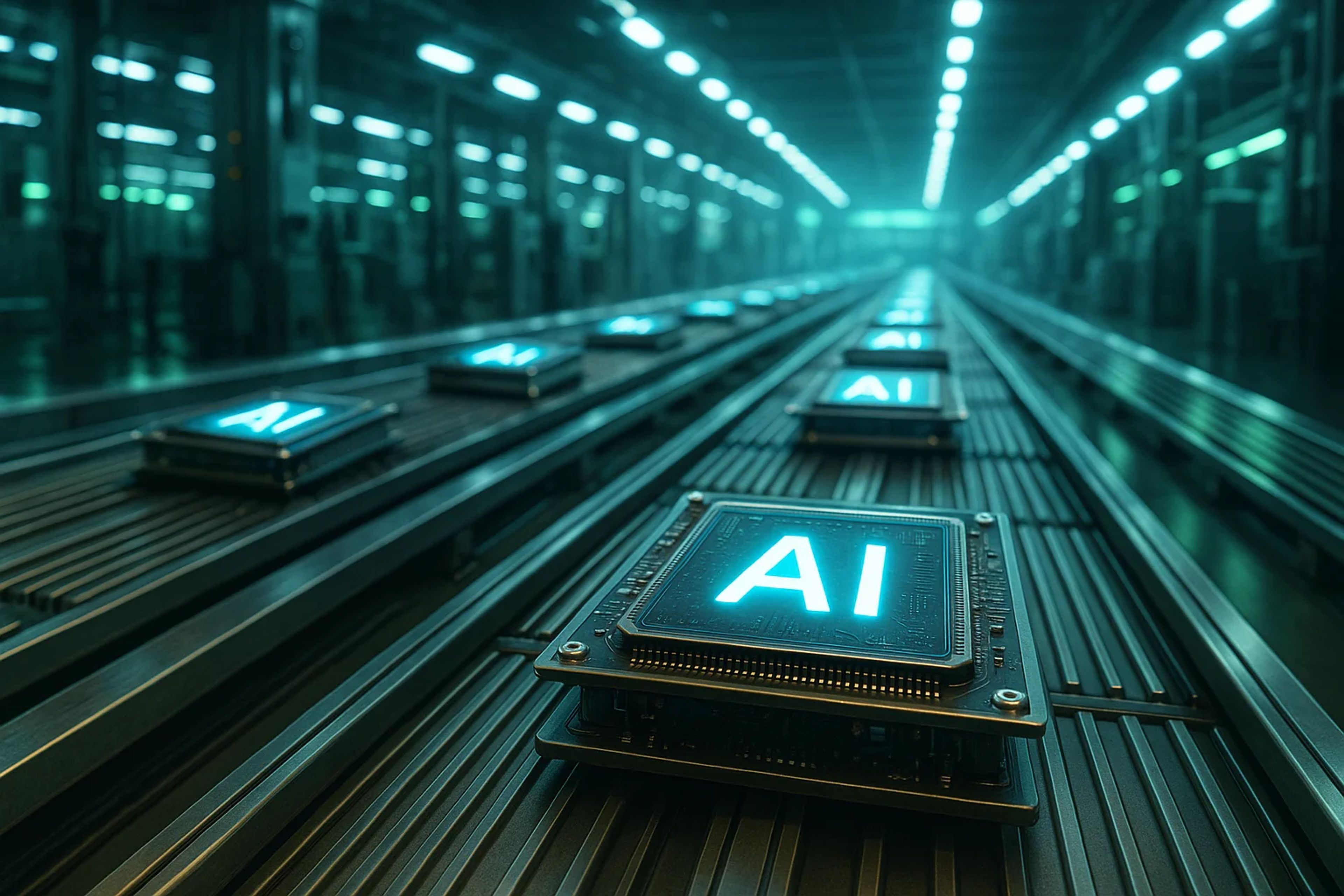 Rows of computer chips with glowing 'AI' labels