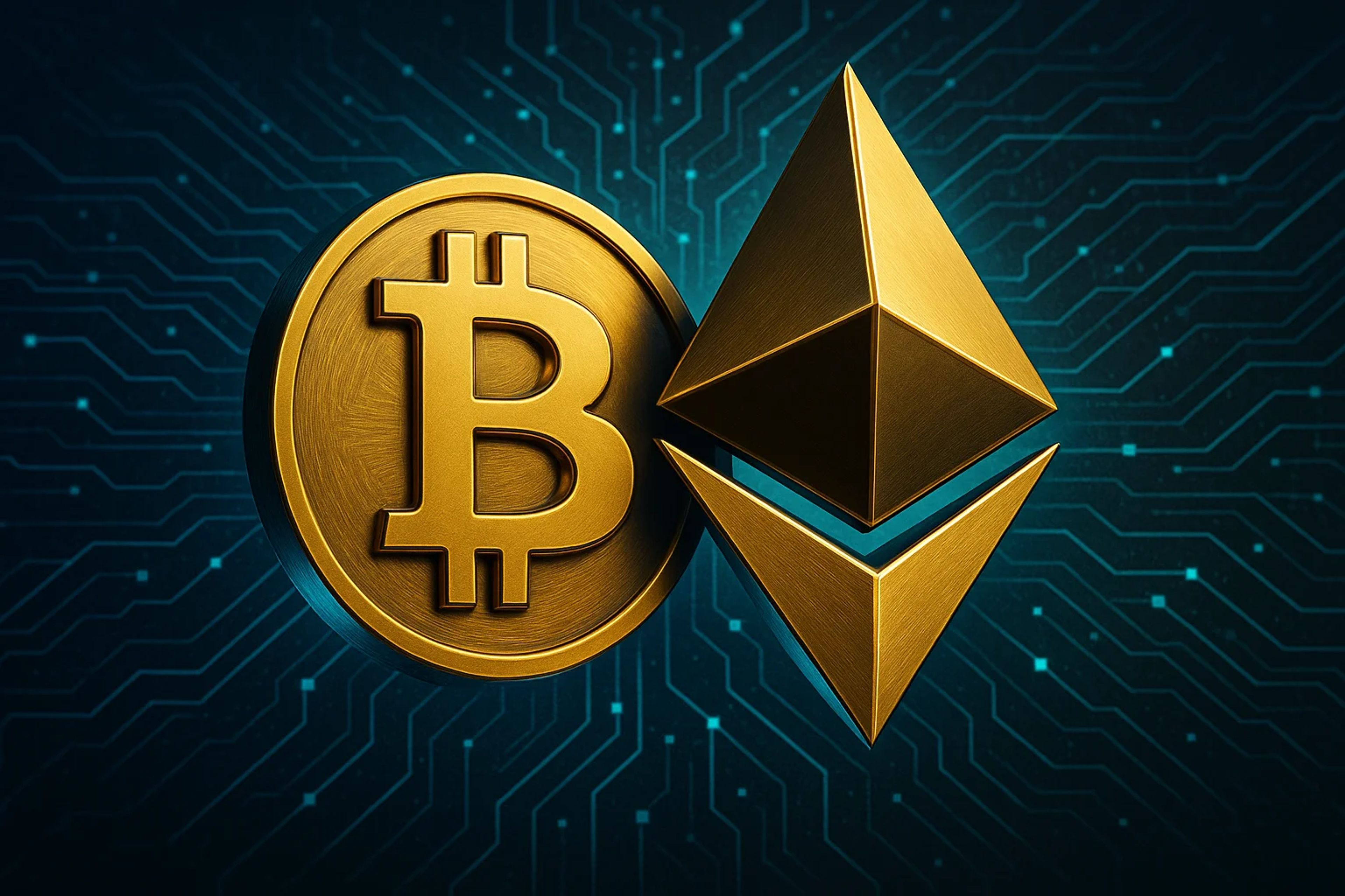 Golden Bitcoin and Ethereum symbols on a circuit