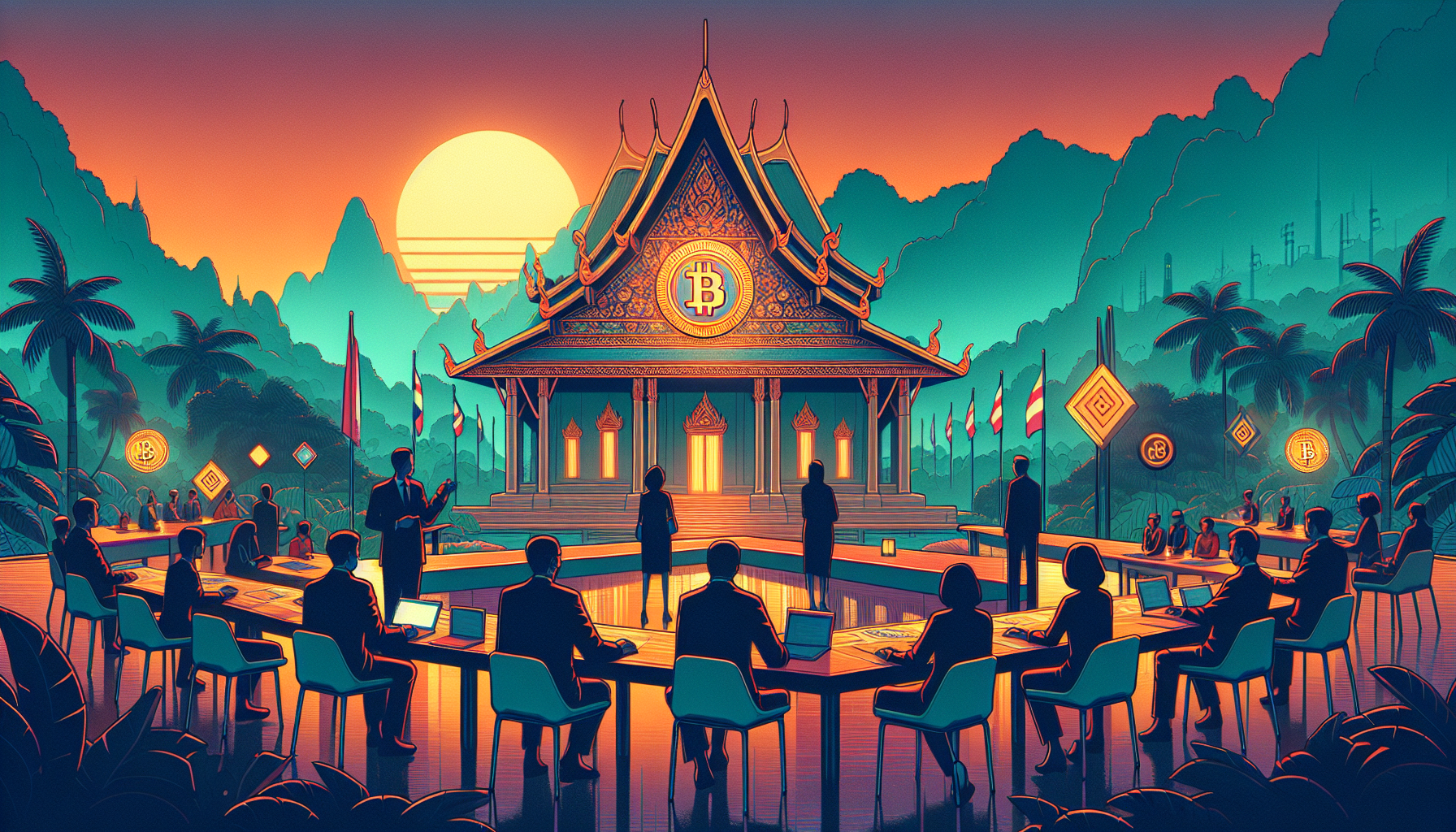 Silhouetted figures at a conference table with a