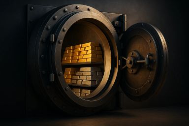 Open vault door revealing stacked gold bars