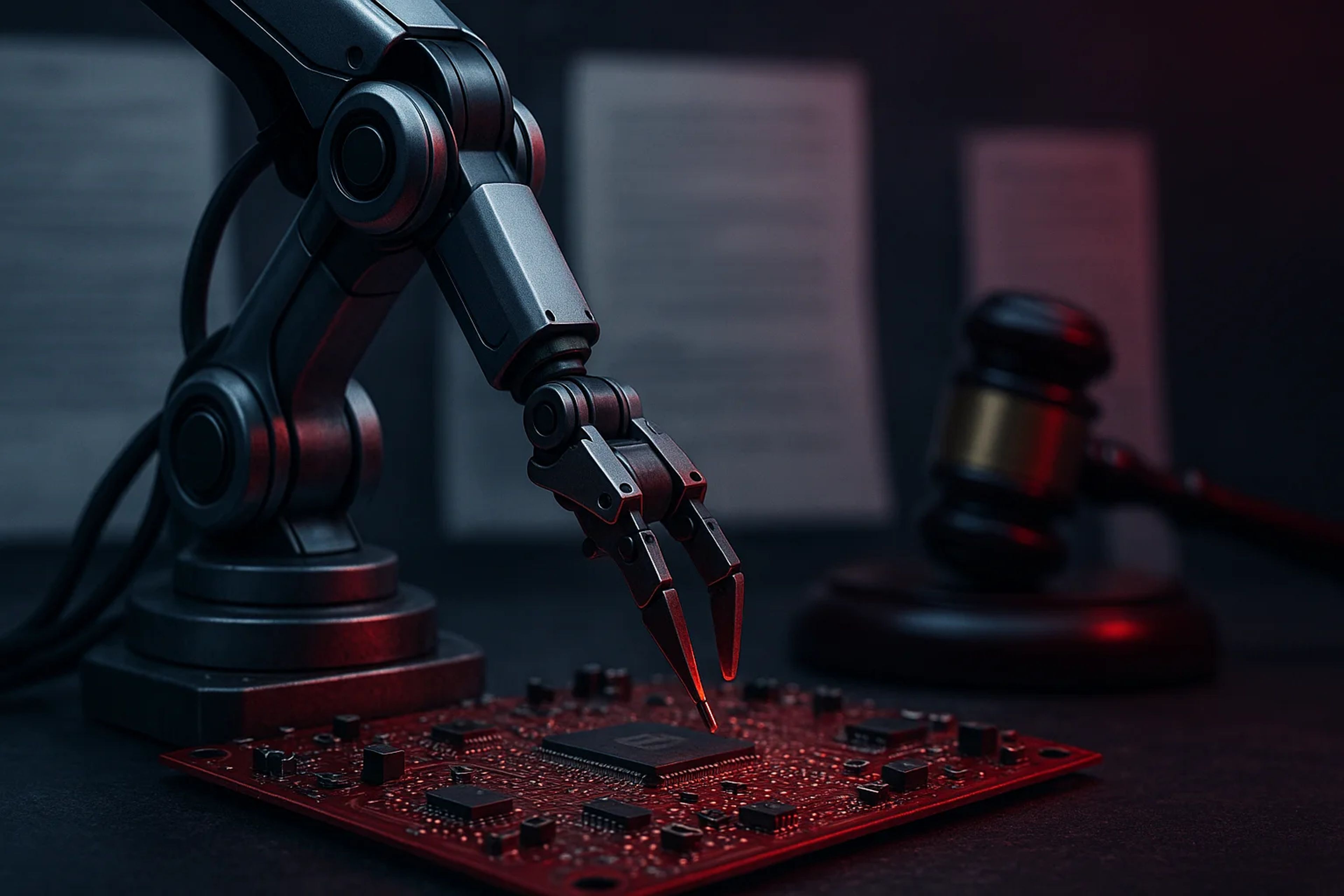 A robotic arm reaching for a microchip on a