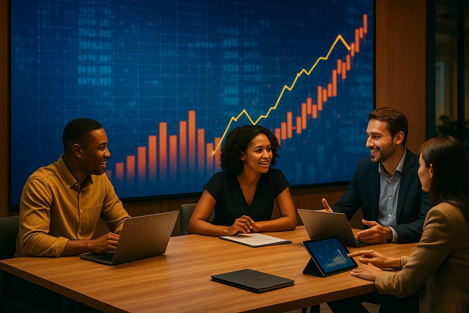 Four professionals engaged in discussion at a