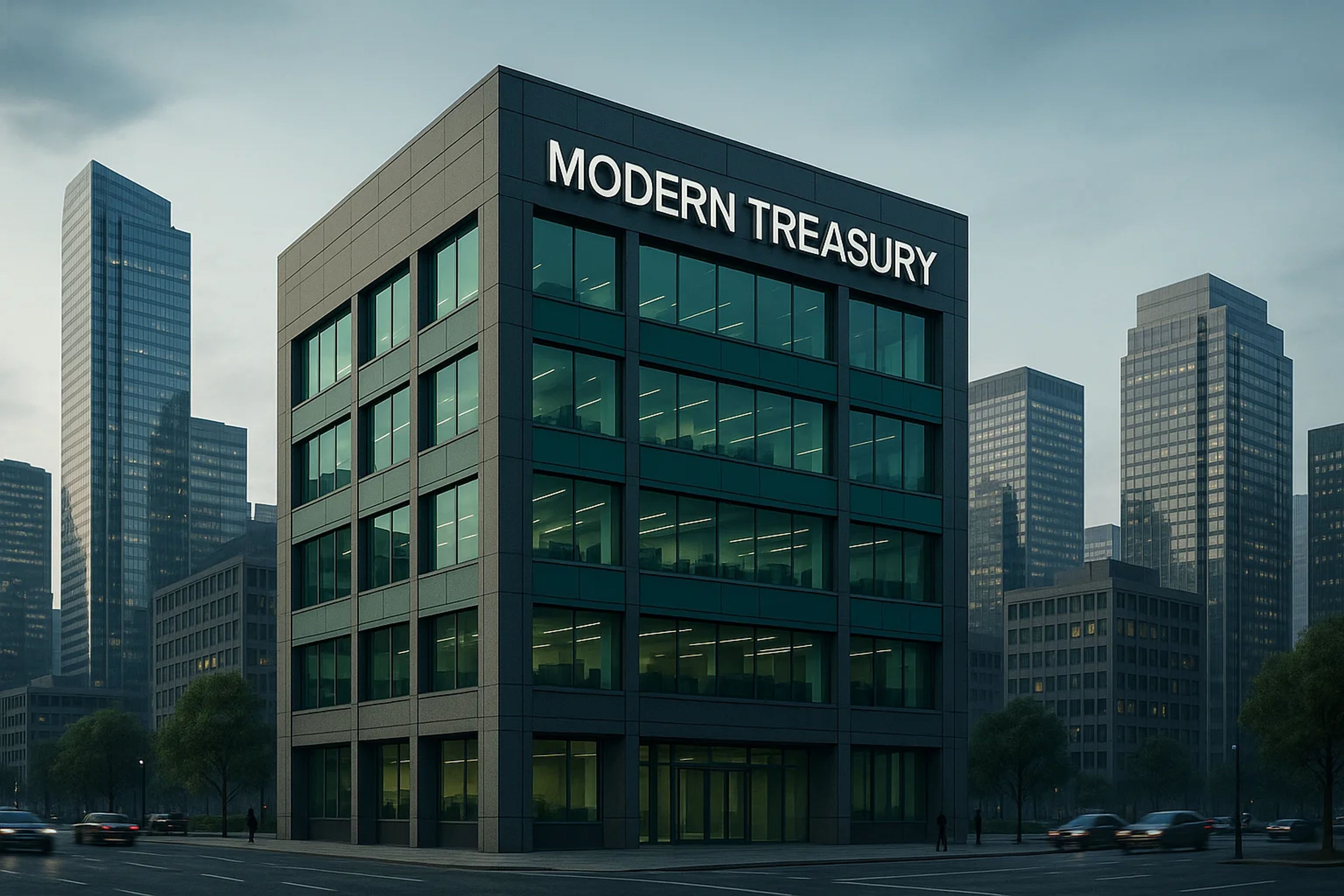 Modern glass building in a cityscape at dusk