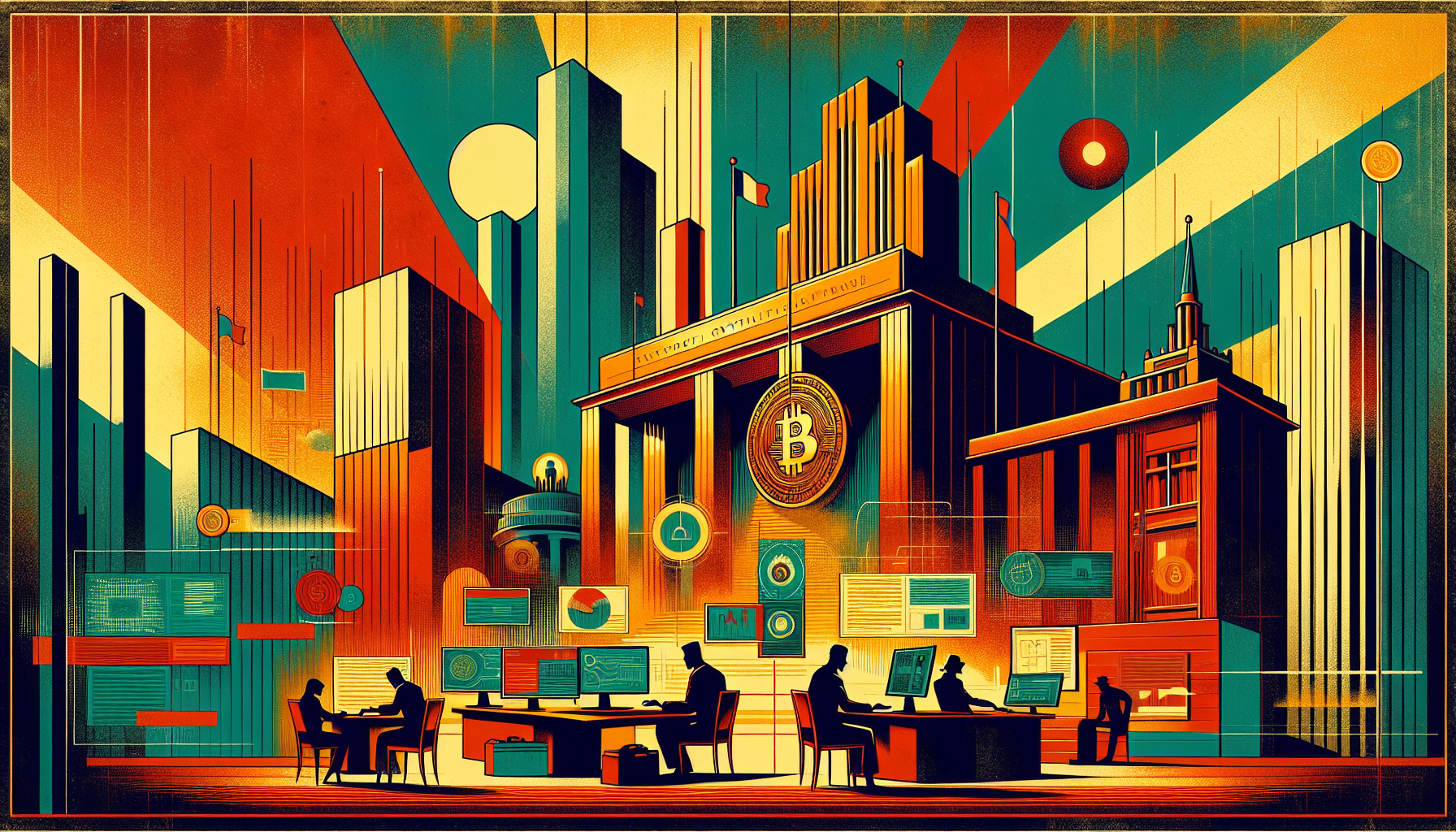 Colorful abstract cityscape with figures at desks