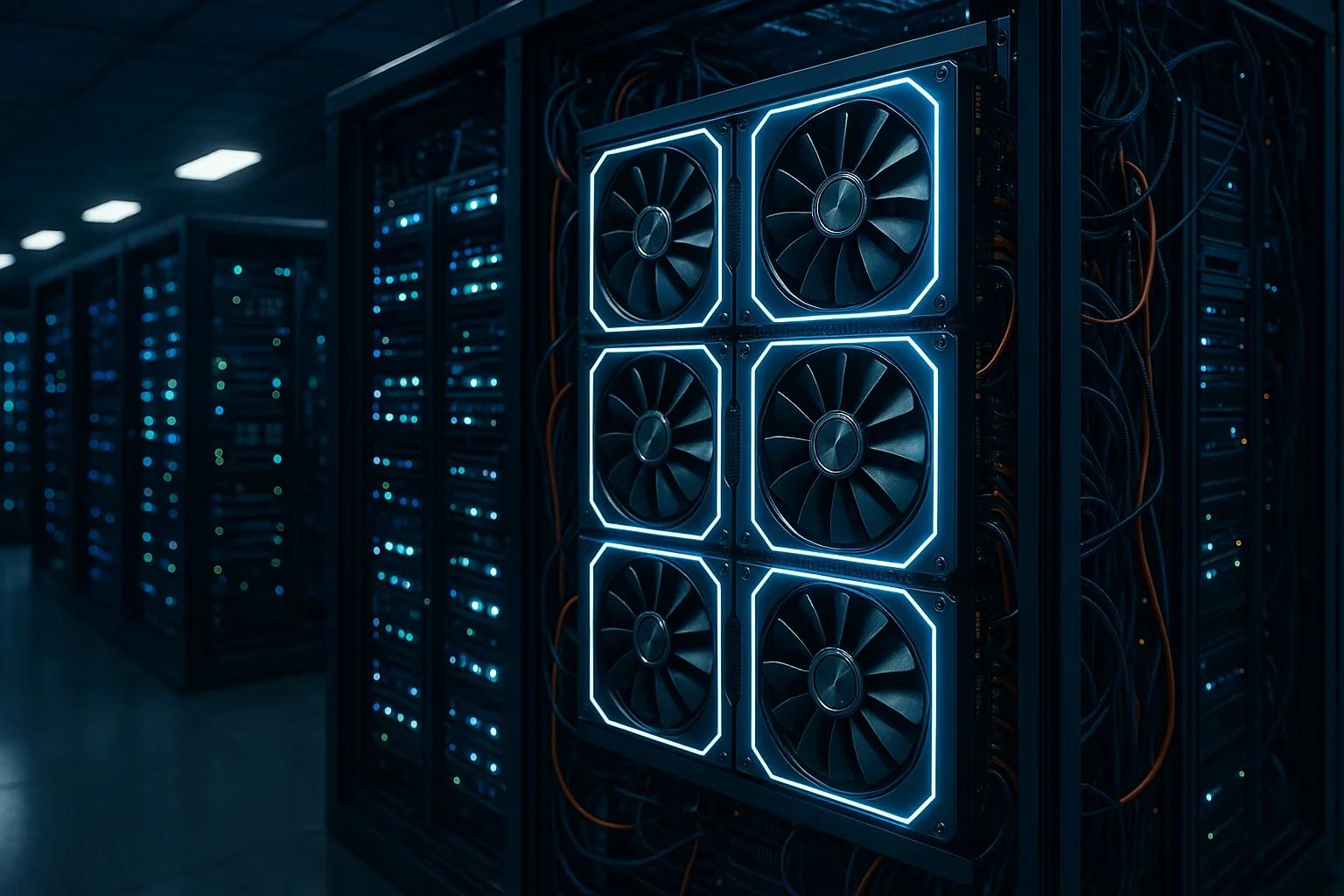 Rows of server racks with illuminated components