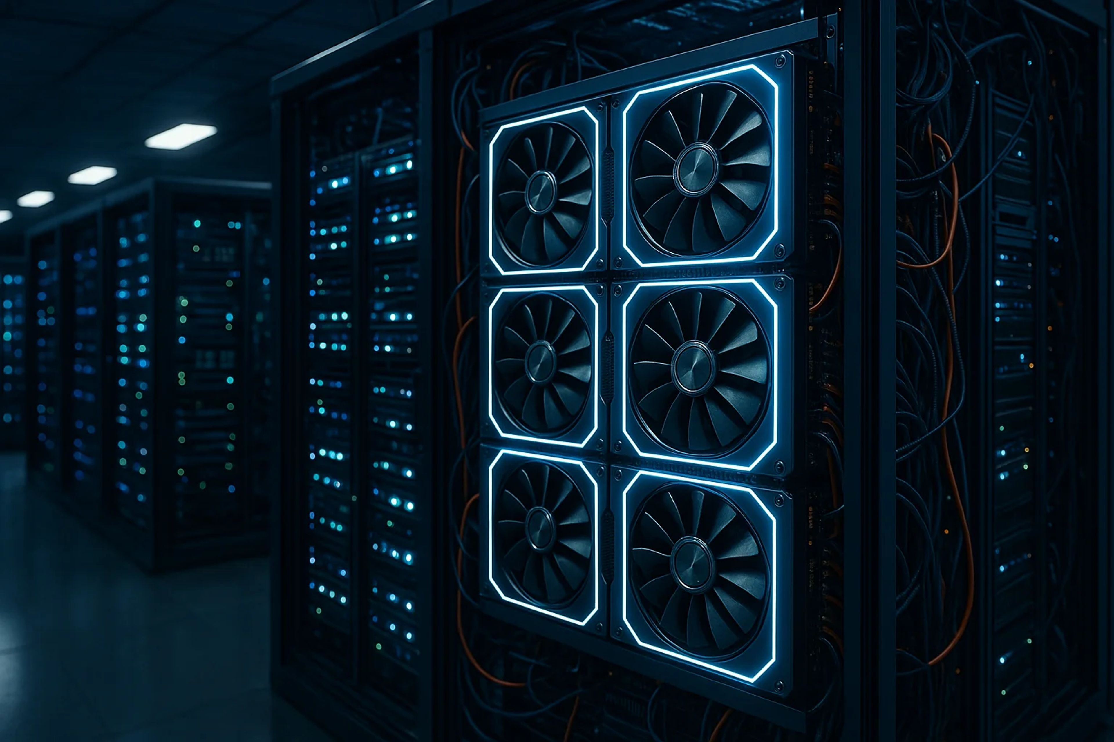 Rows of server racks with illuminated components