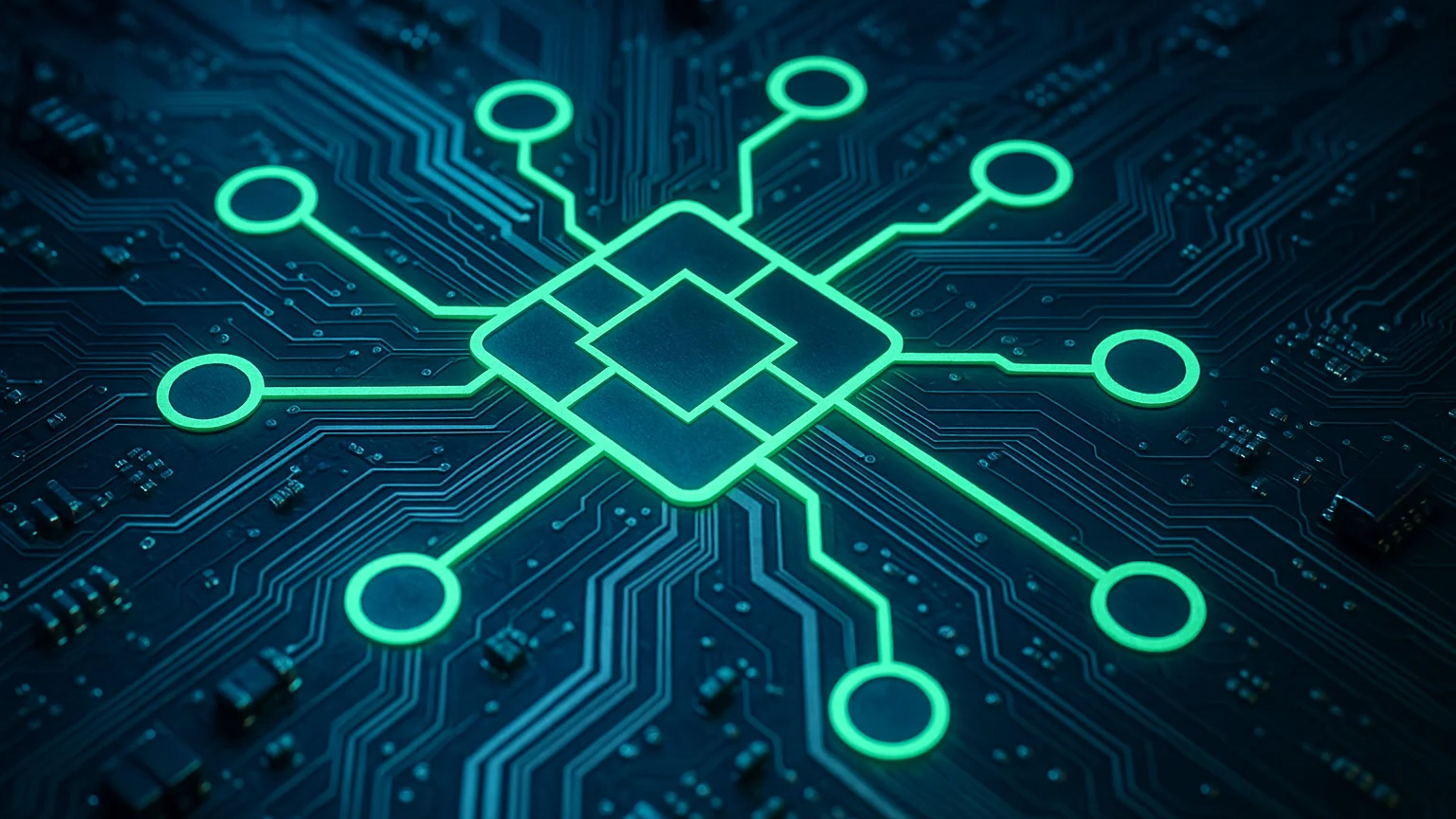 Glowing green circuit board design with a central